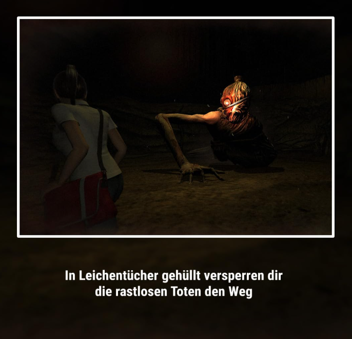 Eine Frau mit roter Tasche blickt auf ein Monster in einem Leichentuch.