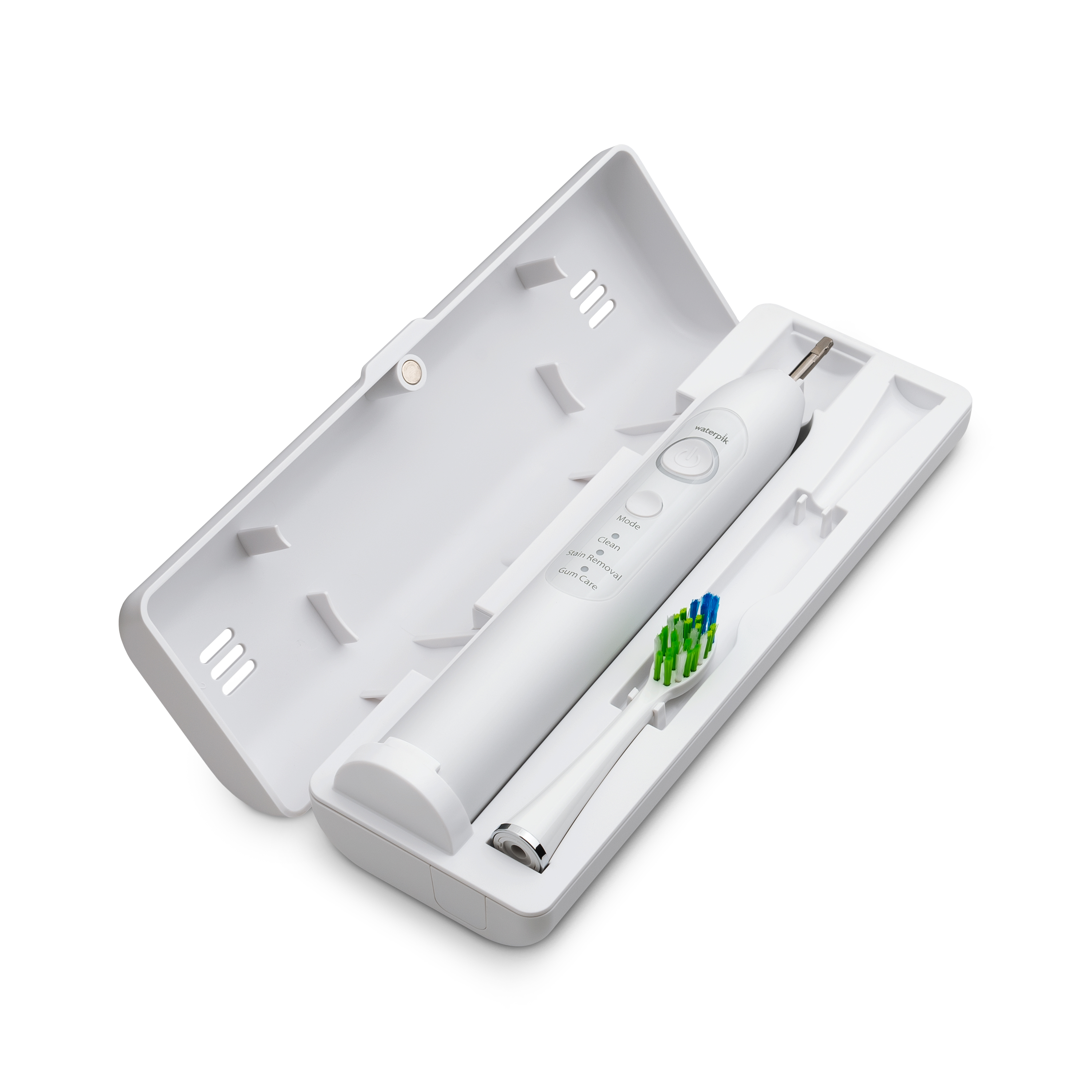 Biały zestaw szczoteczki elektrycznej z etui ładującym.