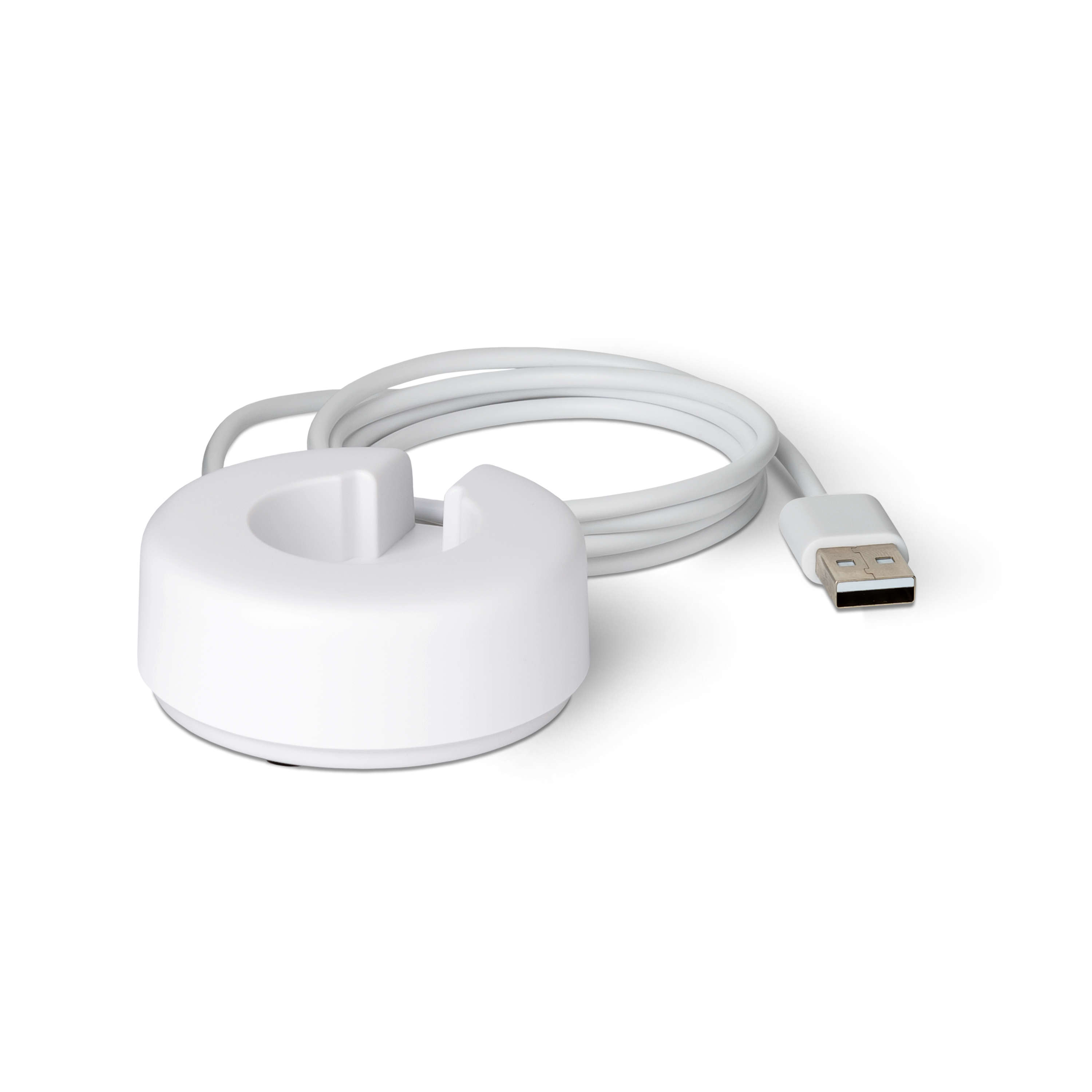 Biały kabel ładujący ze złączem USB i okrągłą bazą ładującą.