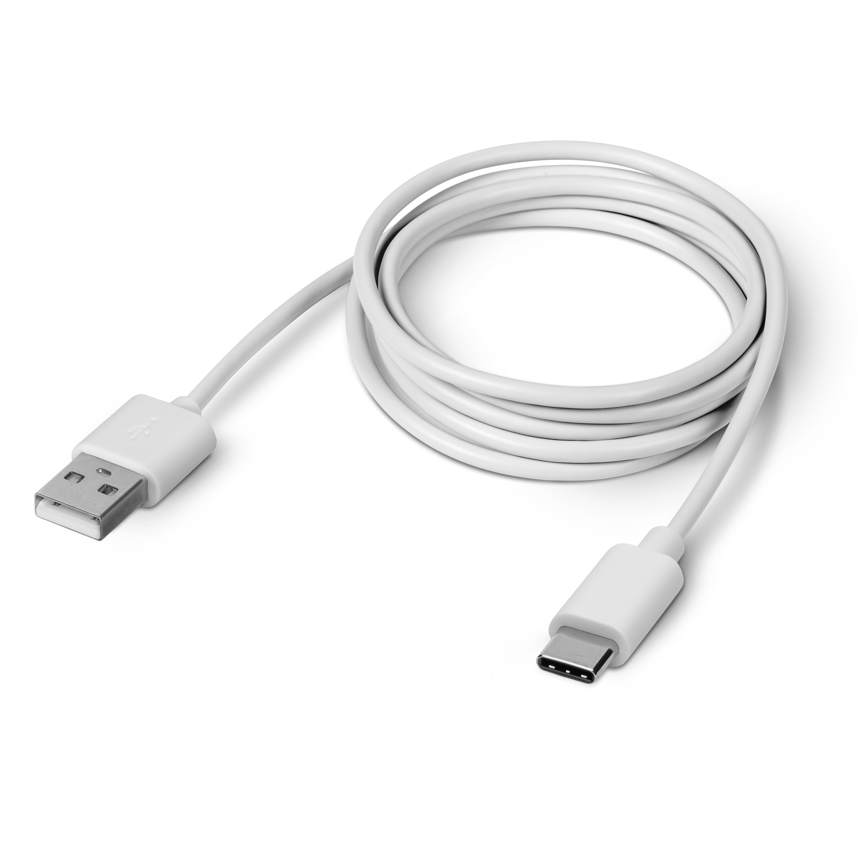 Biały kabel USB-C do USB-A, nawinięty na białym tle.