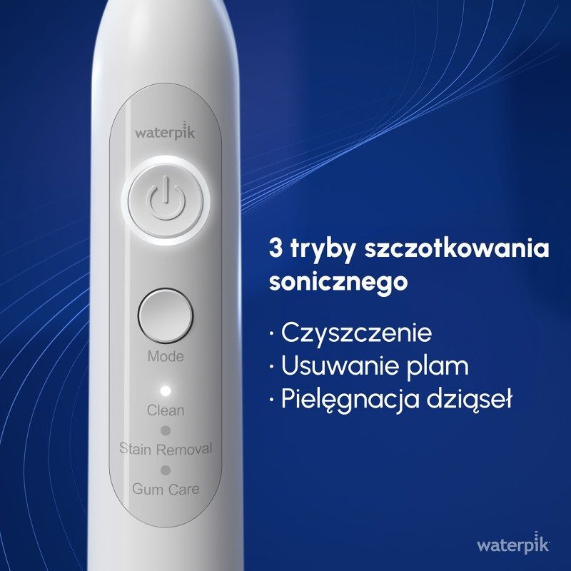 Biała szczoteczka soniczna z 3 trybami: Czyszczenie, Usuwanie plam, Pielęgnacja dziąseł.