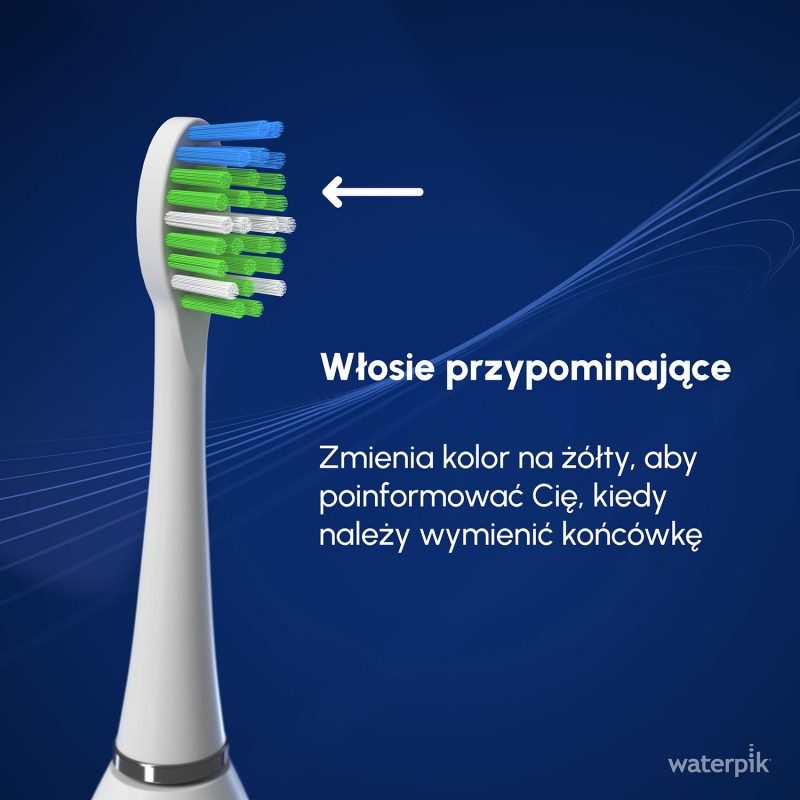 Biała główka szczoteczki do zębów z niebieskimi, zielonymi i białymi włoskami. Strzałka wskazuje na włoski.