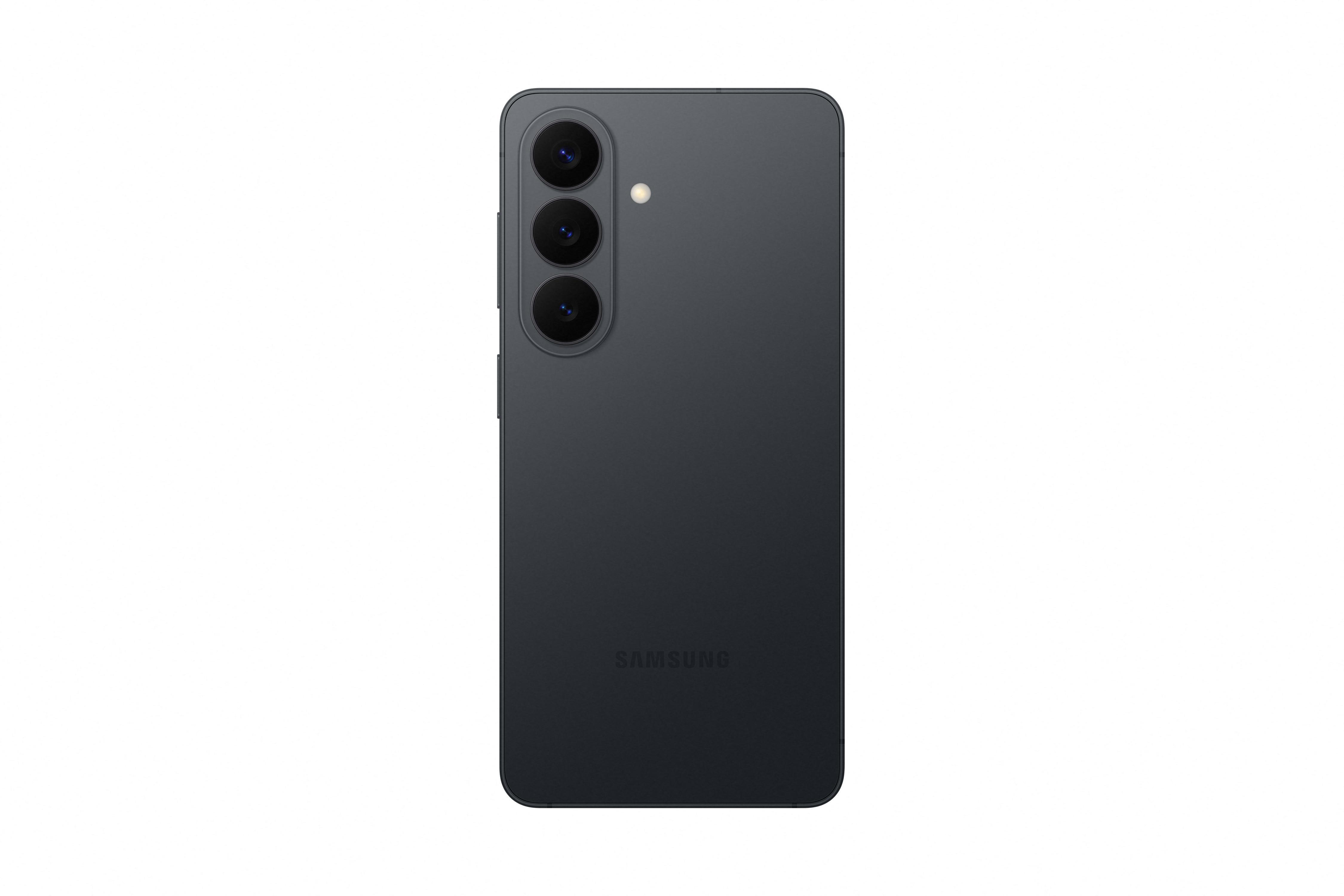 Dunkelgraues Samsung Smartphone mit drei Kameralinsen und Blitz.