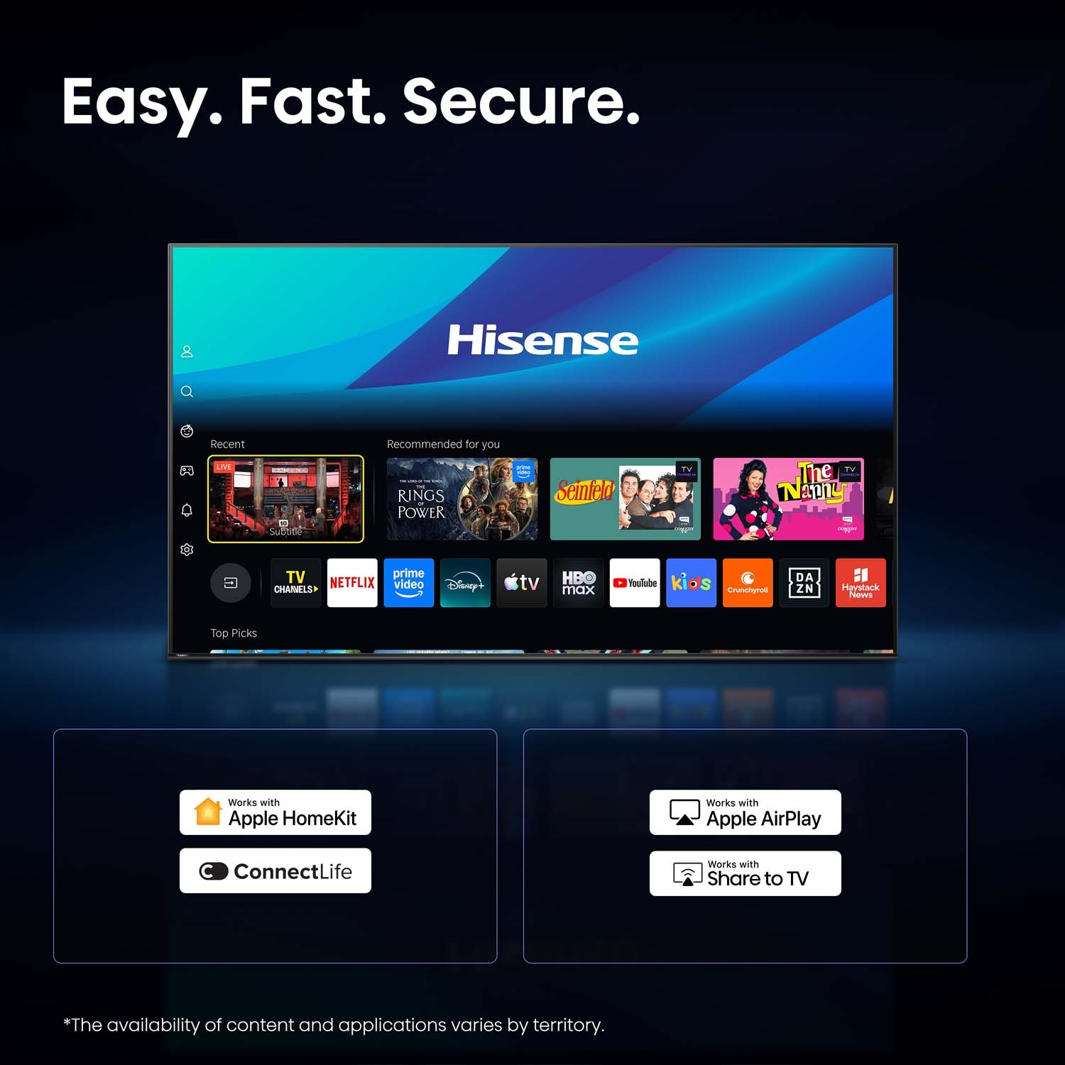 Schermata principale Smart TV Hisense con app e compatibilità HomeKit/AirPlay.