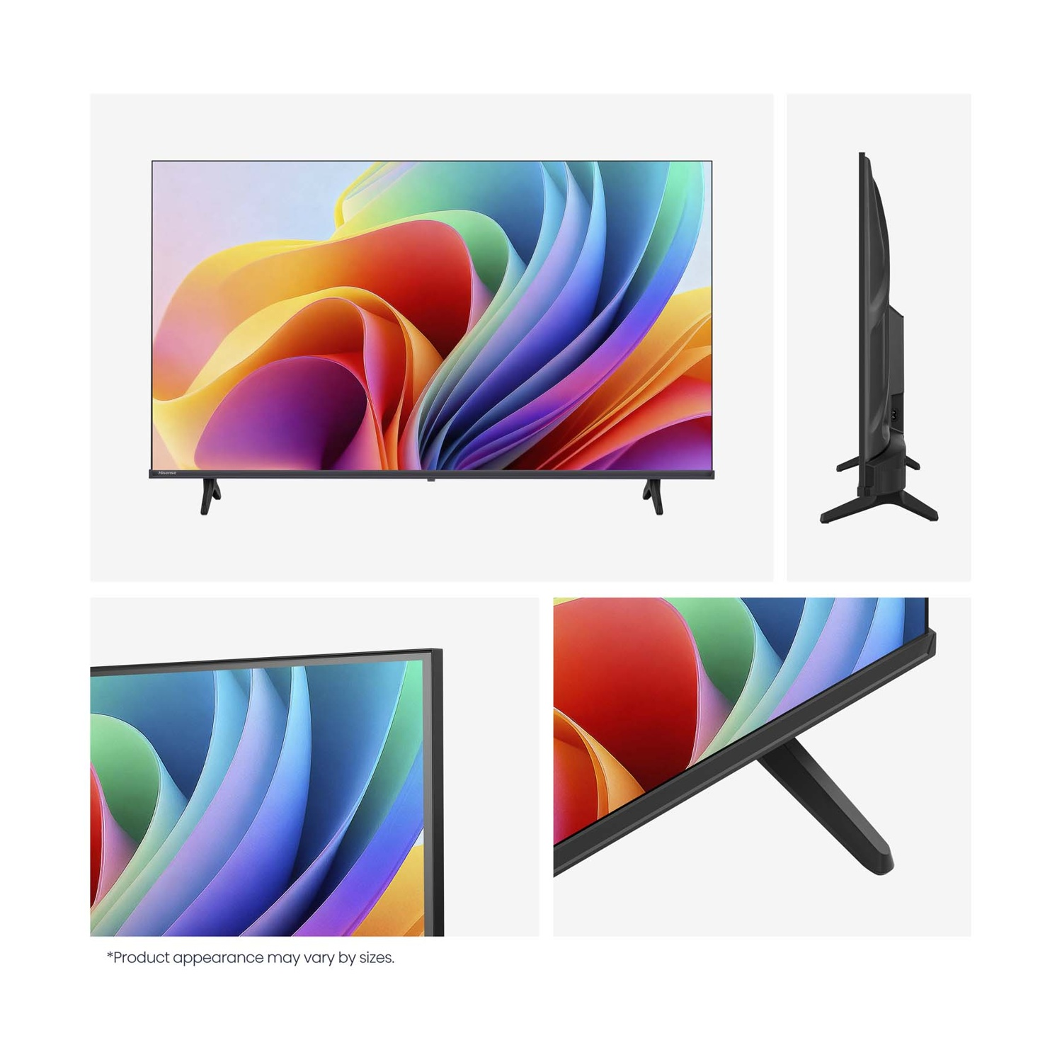 Un moderno televisore nero con uno sfondo astratto colorato viene mostrato frontalmente e di lato.