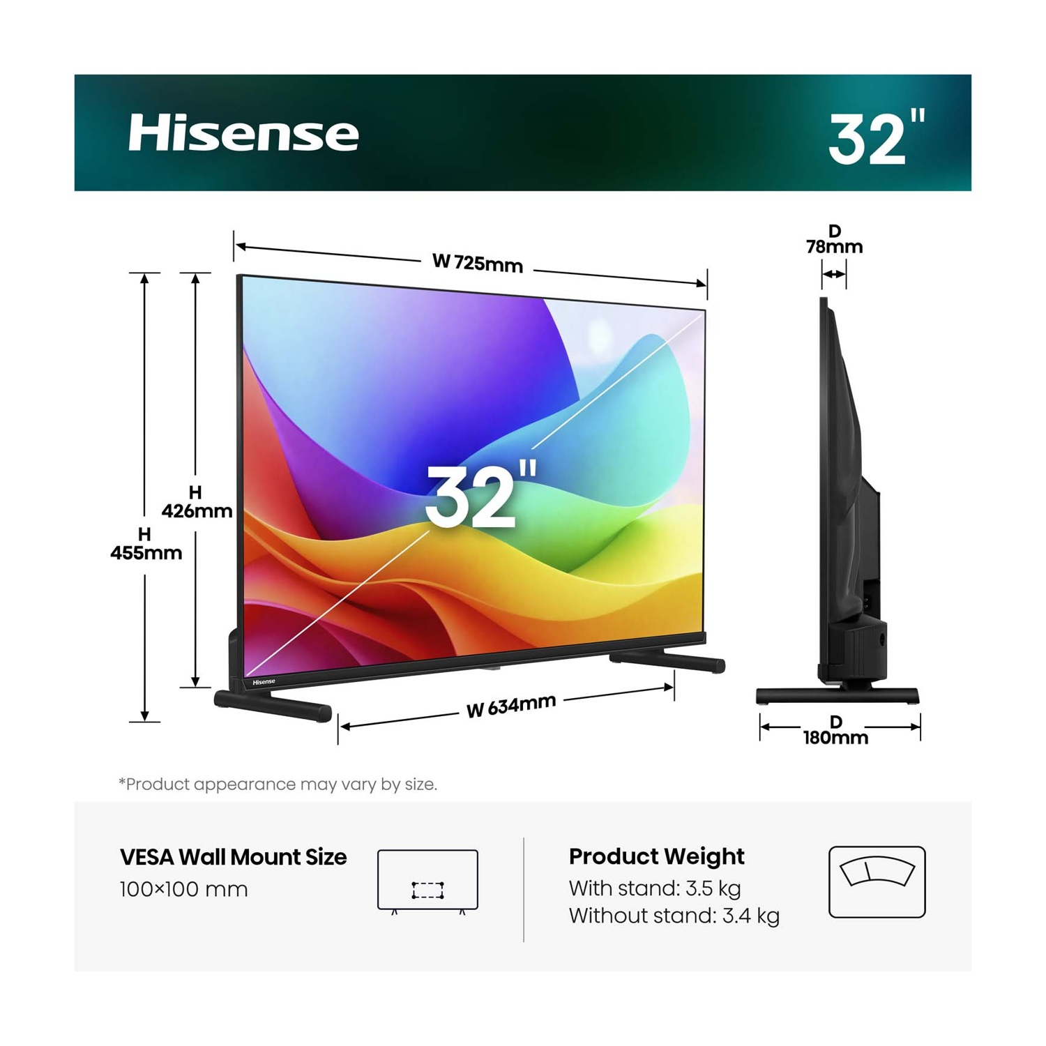 TV Hisense 32 pollici dimensioni L725mm, A426mm, P78mm. VESA 100x100mm. Peso 3,5kg.