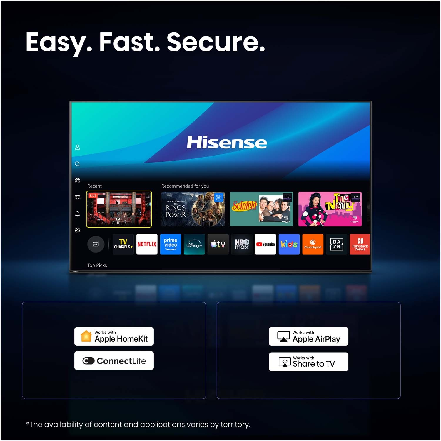 Schermo Smart TV Hisense mostra app come Netflix, Prime Video, Disney+.