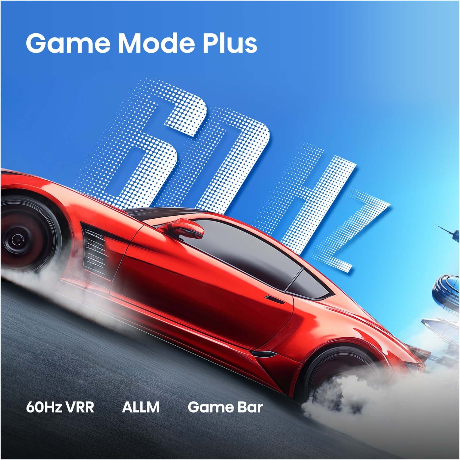 Auto sportiva rossa con "Game Mode Plus", 60Hz VRR, ALLM e Barra di Gioco.