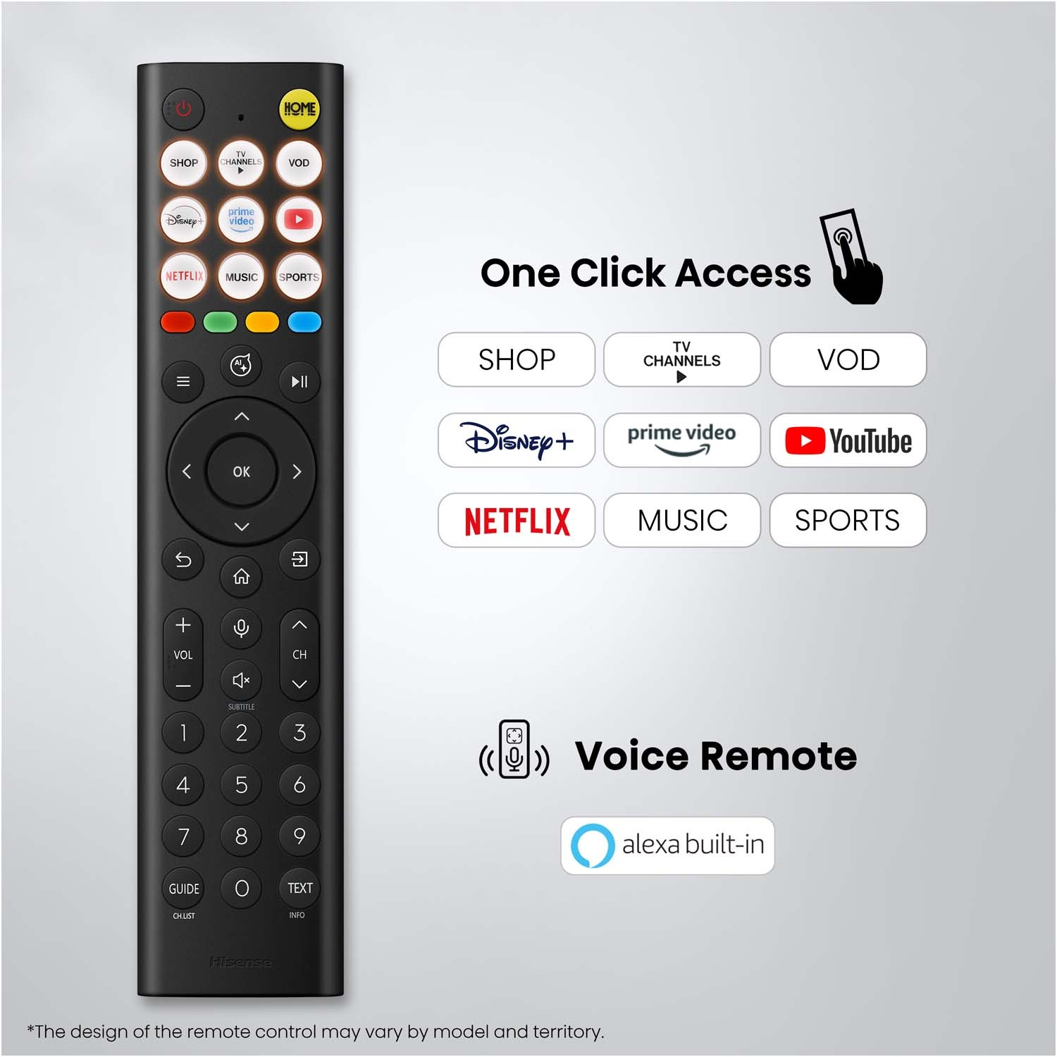 Telecomando nero con pulsanti per app come Netflix, Disney+, Prime Video.