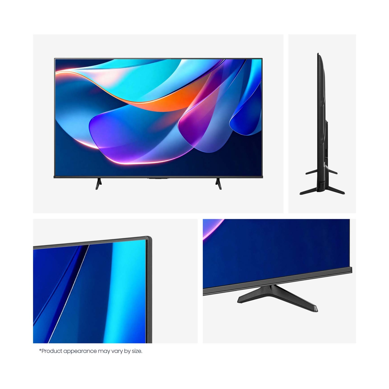 Una TV moderna a schermo piatto mostra uno sfondo astratto, con viste laterali e primi piani della cornice e del supporto.