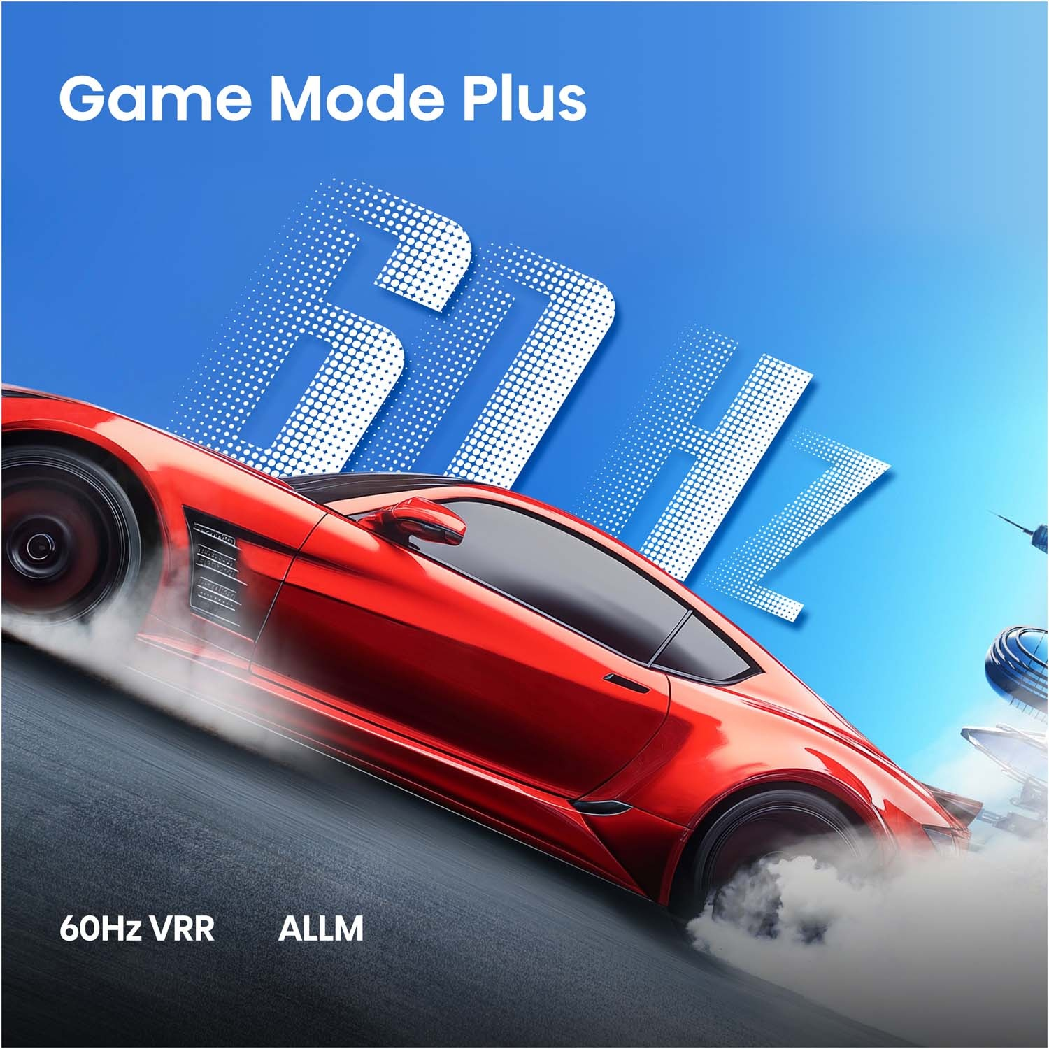 Auto sportiva rossa con "60Hz VRR ALLM" e "67Hz" su sfondo blu.