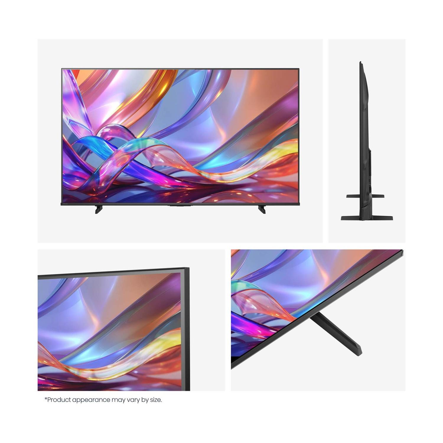 Un grande TV con sfondo astratto colorato mostrato frontalmente, lateralmente e da vicino.
