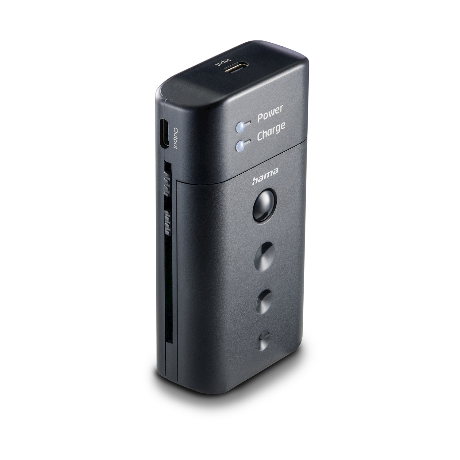 Power bank Hama nera con indicatori di carica e porte USB.