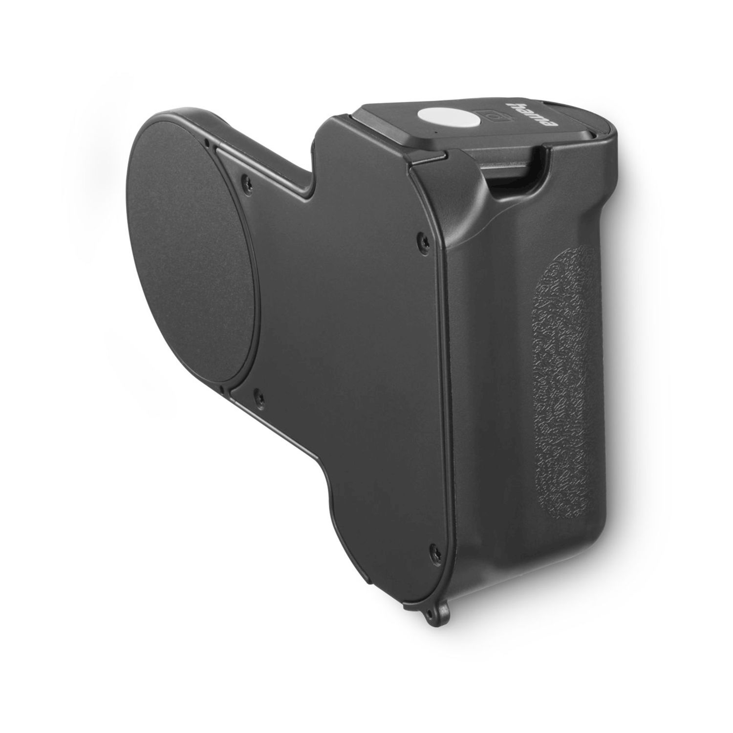 Dispositivo nero stampato con un disco rotondo sul lato sinistro.
