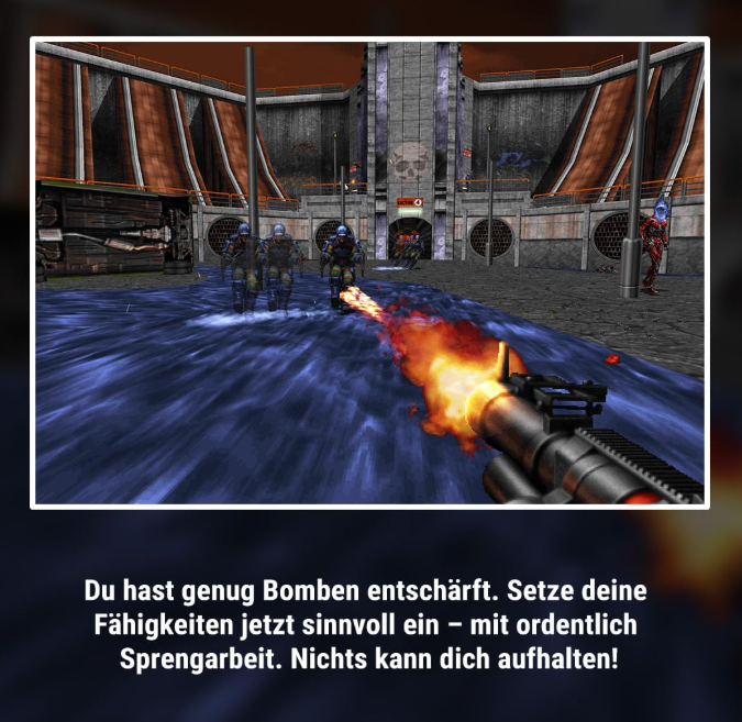 Spieler feuert in einem industriellen Umfeld mit blauer Flüssigkeit.