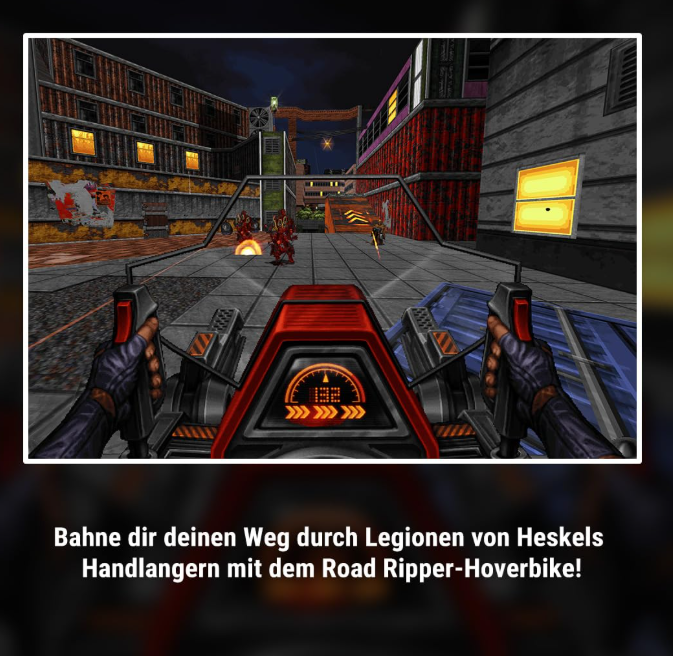 Spielerperspektive in einem Videospiel mit roten Gegnern und Hoverbike.