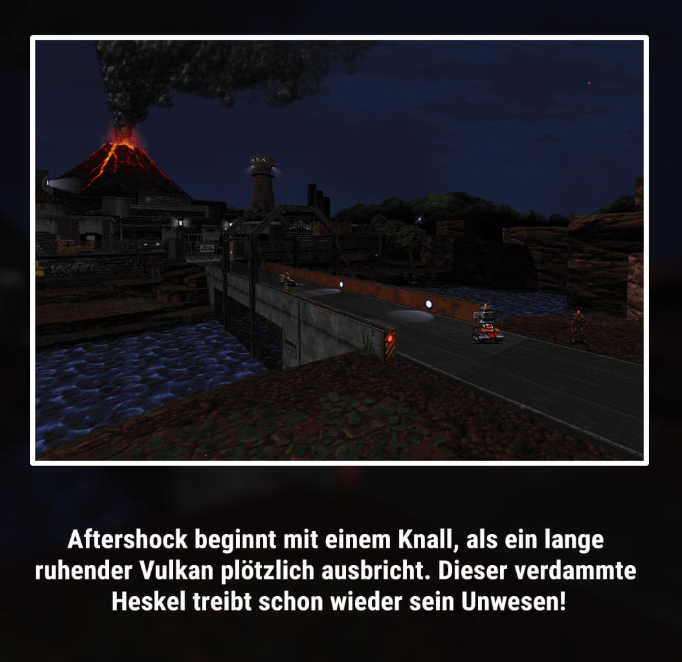 Ausbrechender Vulkan bei Nacht mit einer Brücke, auf der Fahrzeuge fahren.