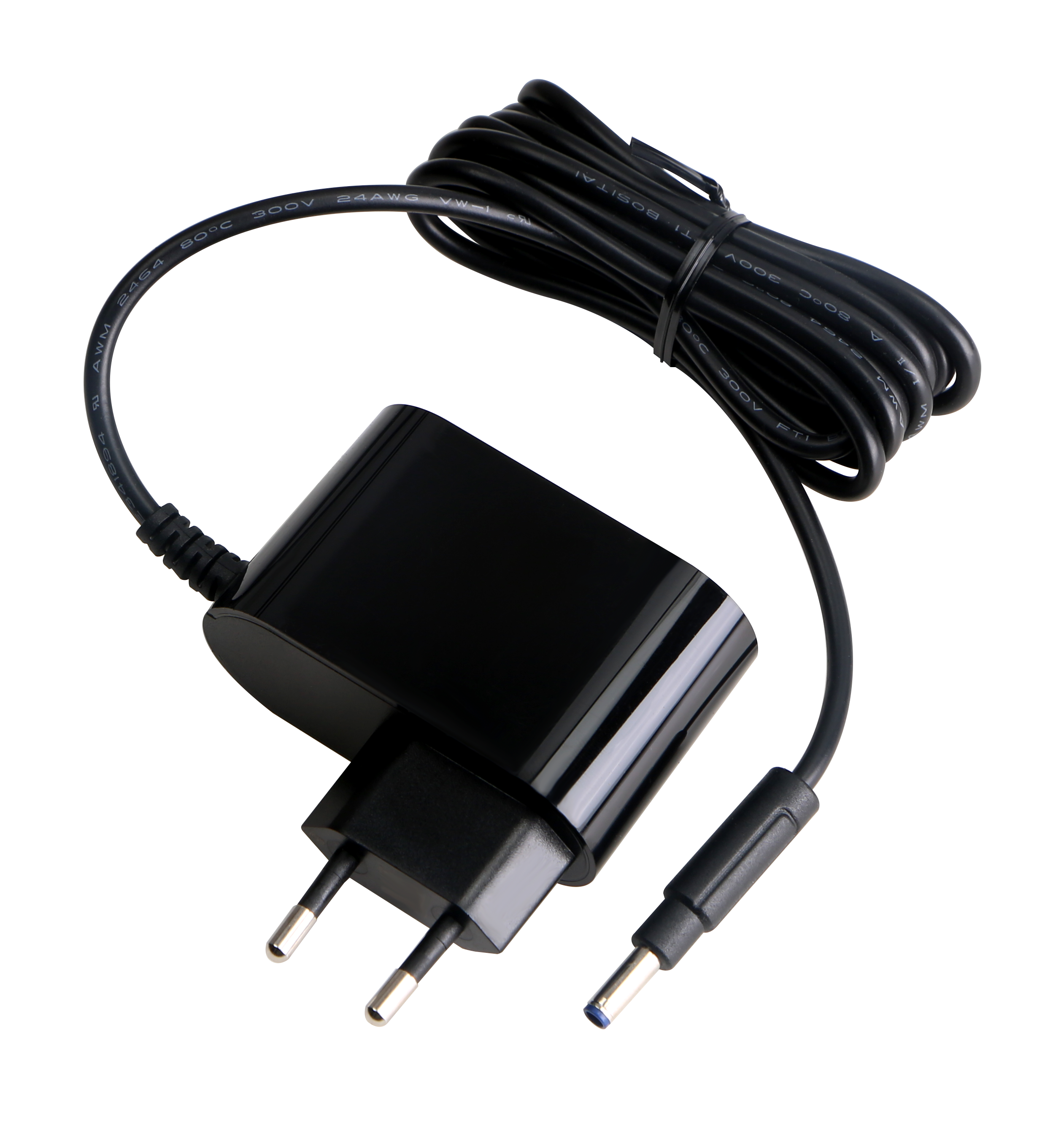 Schwarzes Netzteil mit gewickeltem Kabel und Stecker.