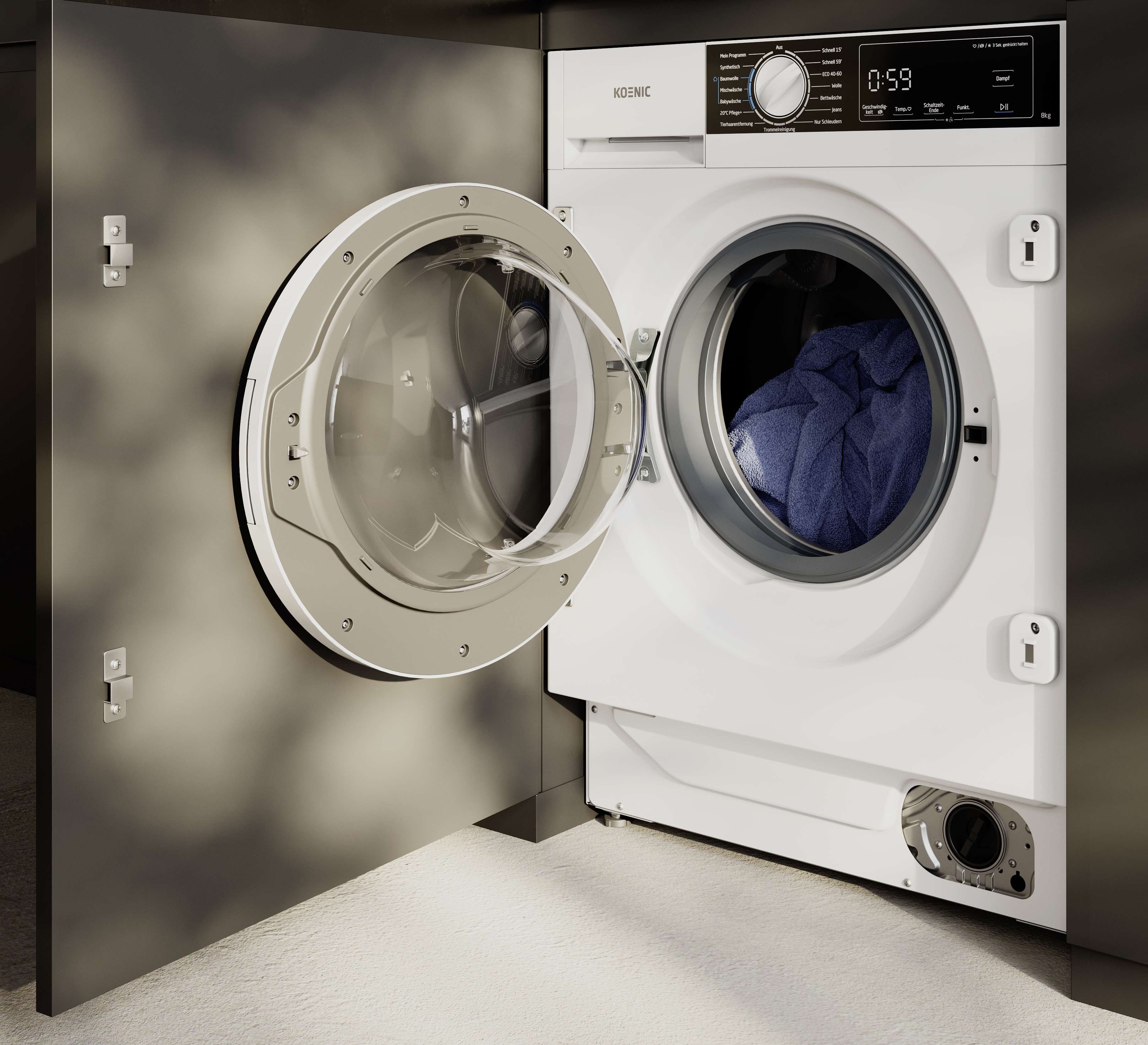 Eine weiße Waschmaschine mit geöffneter Tür und blauer Wäsche im Inneren.