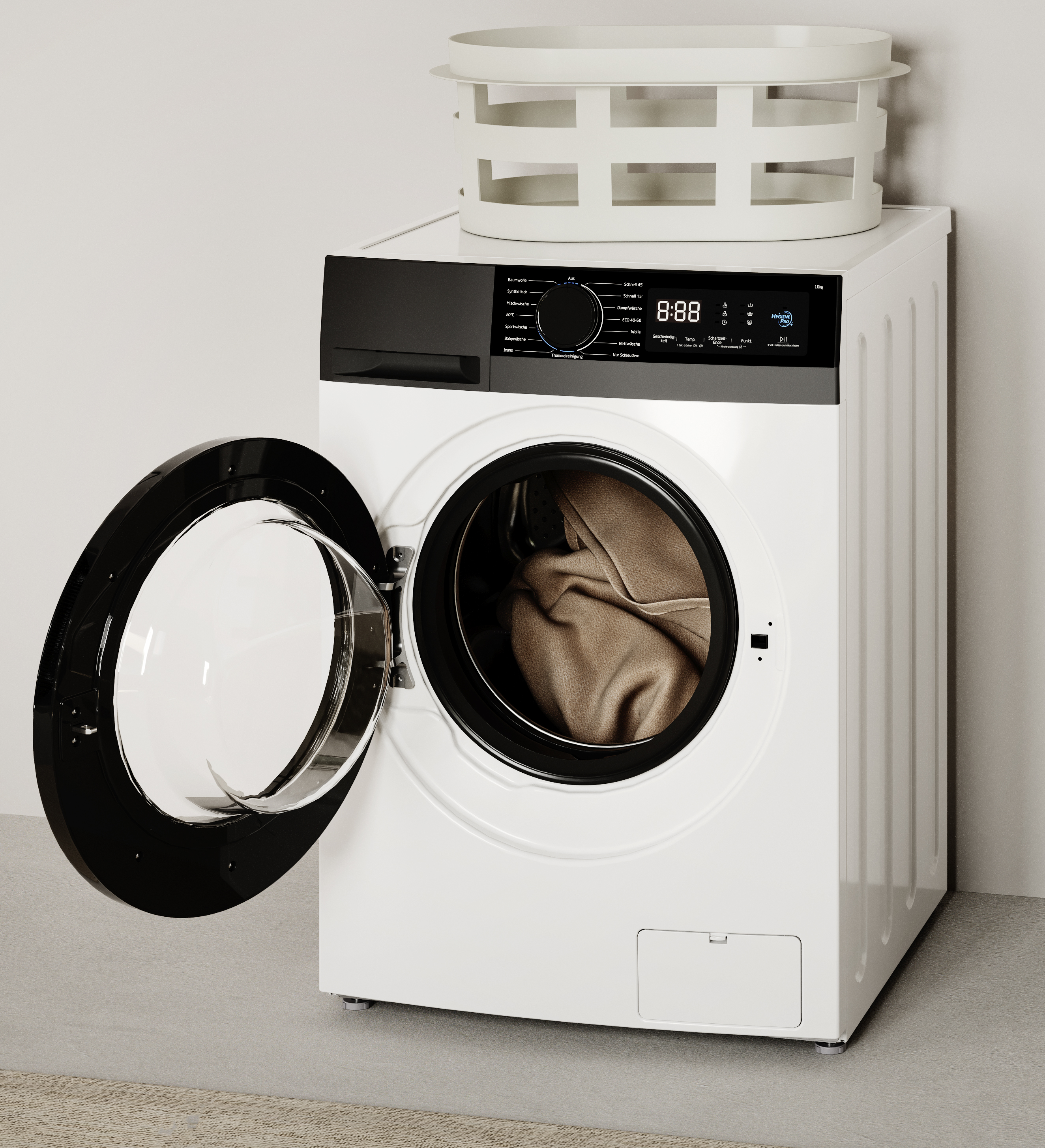 Eine weiße Waschmaschine mit offener Tür und brauner Kleidung im Inneren.