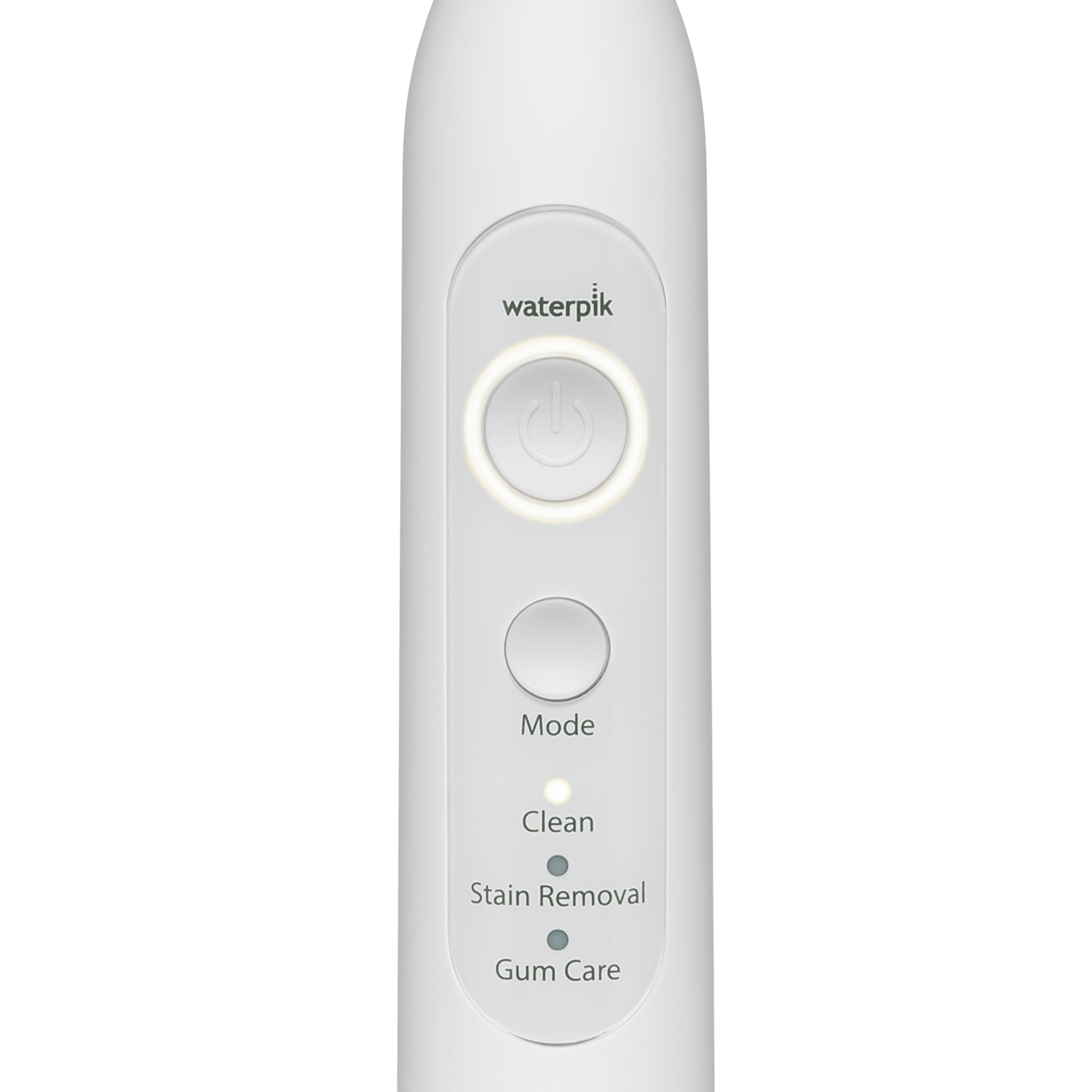 Zbliżenie białego urządzenia Waterpik z przyciskiem zasilania.