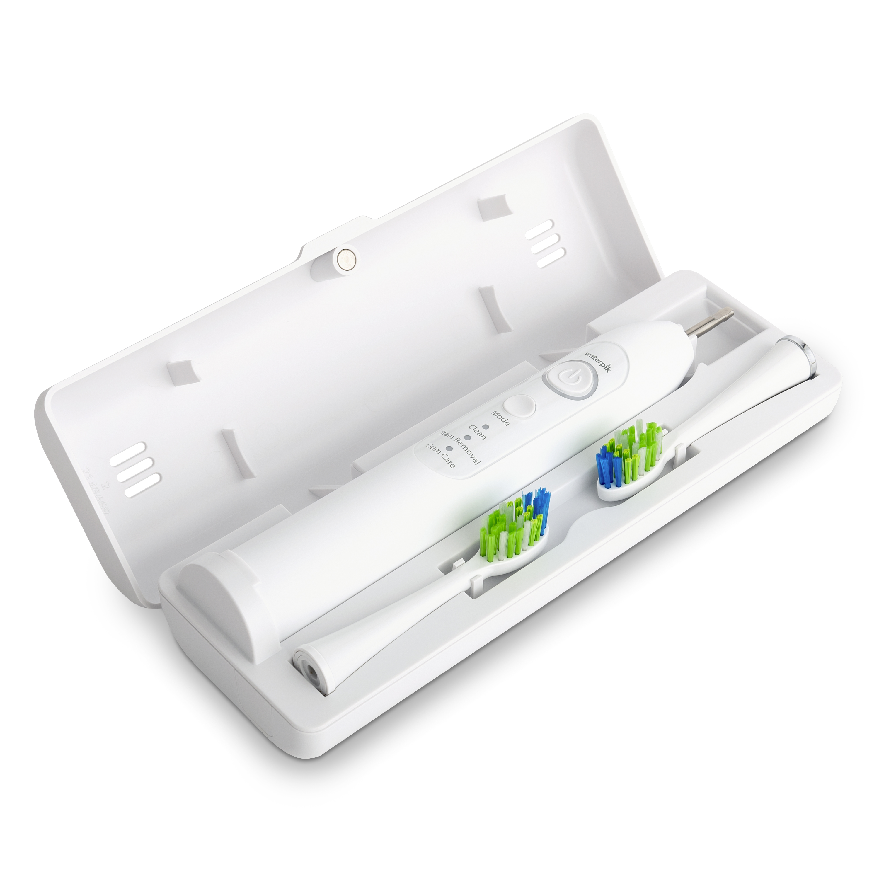 Biały zestaw szczoteczki elektrycznej z etui ładującym i zapasowymi końcówkami.