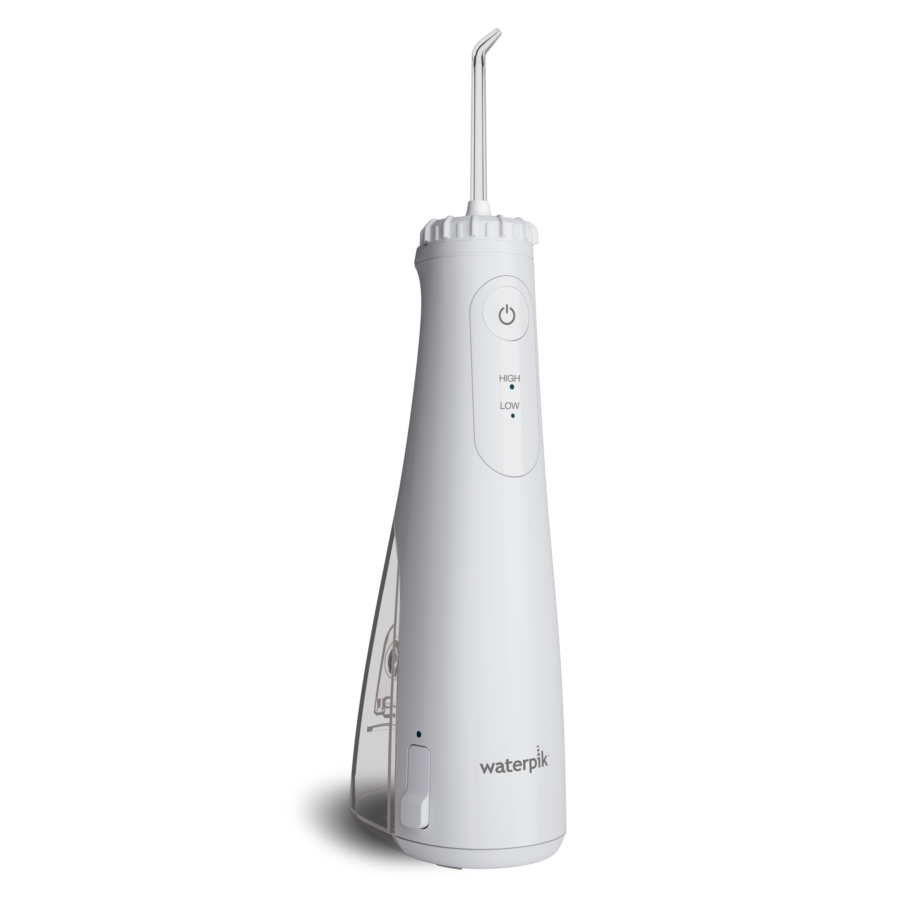 Biała irygator dentystyczny Waterpik z przezroczystym zbiornikiem na wodę.