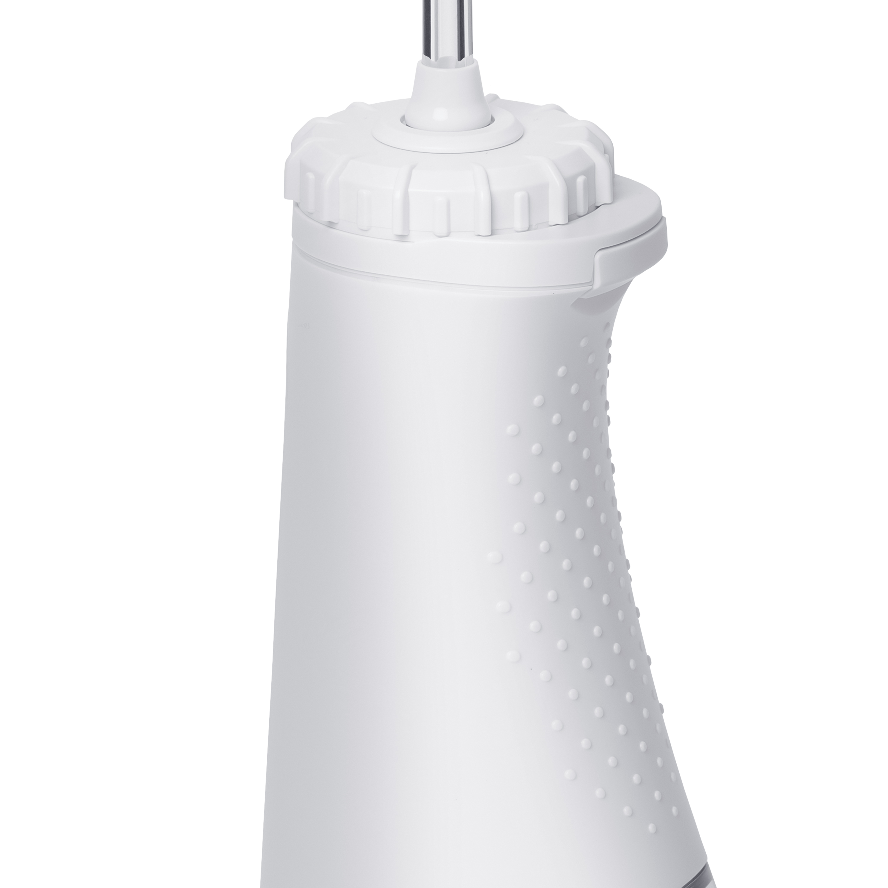 Zbliżenie białej irygatora z teksturowanym uchwytem i przezroczystą rurką.