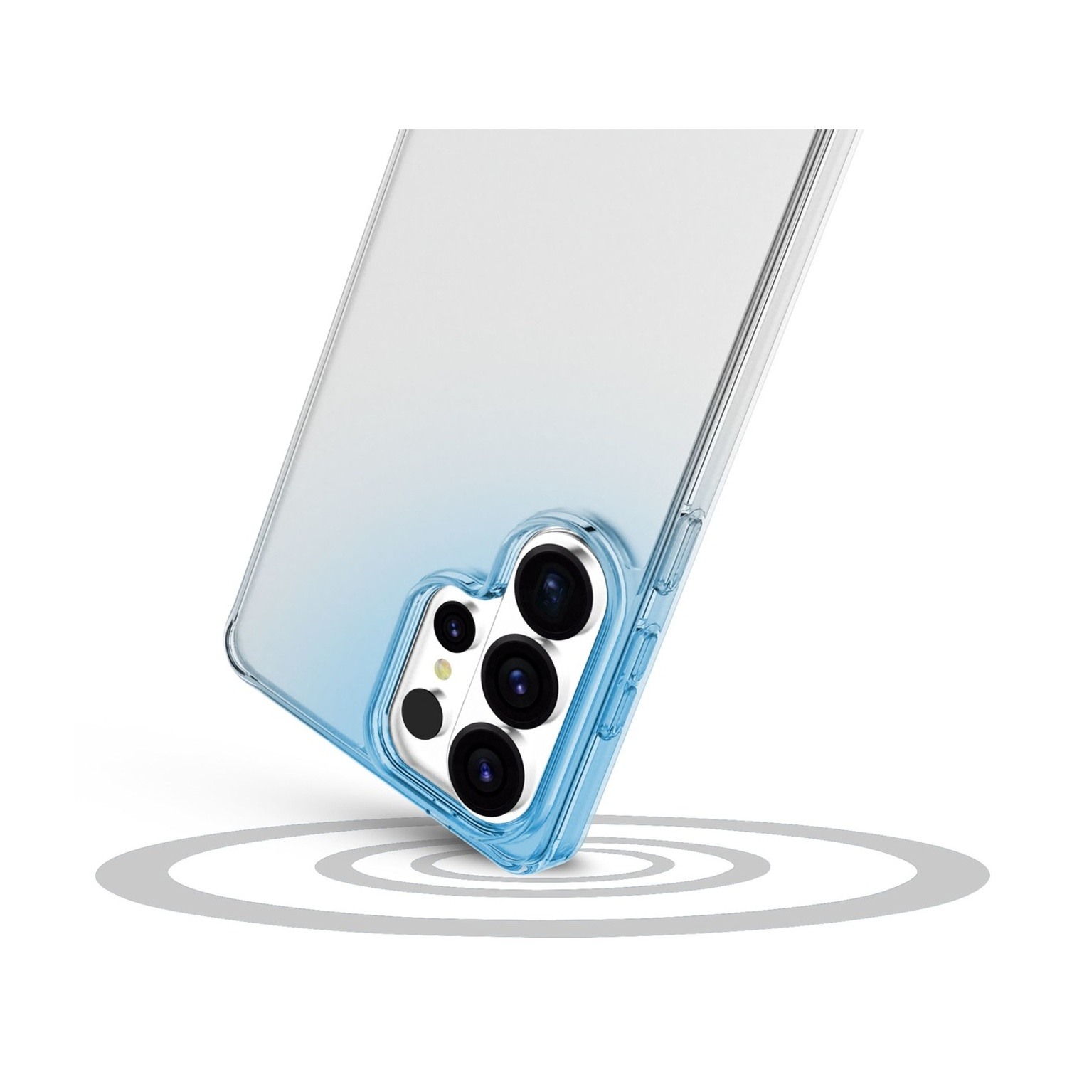 Una custodia per telefono blu trasparente con protezione fotocamera su sfondo bianco.