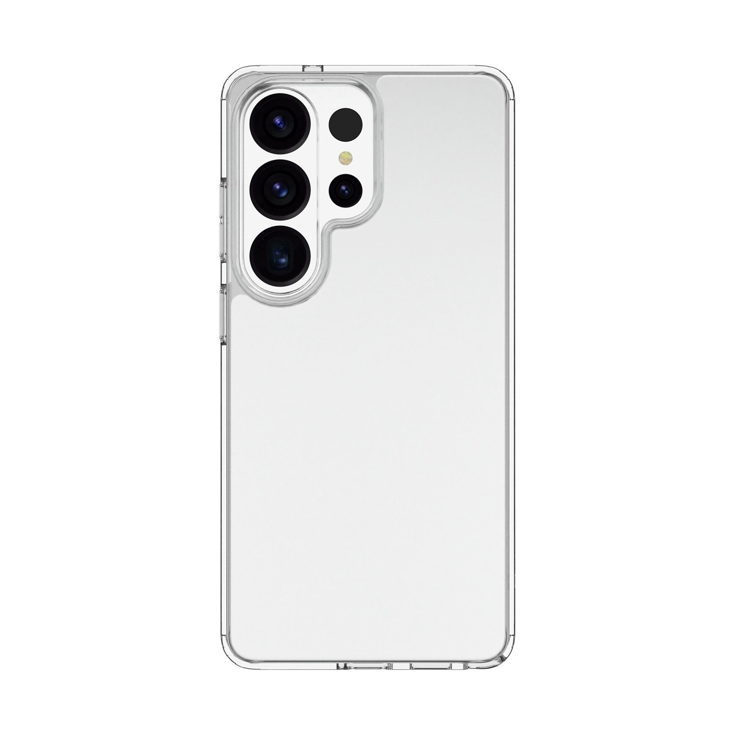 Una custodia trasparente per telefono con un prominente modulo fotocamera sul lato sinistro.