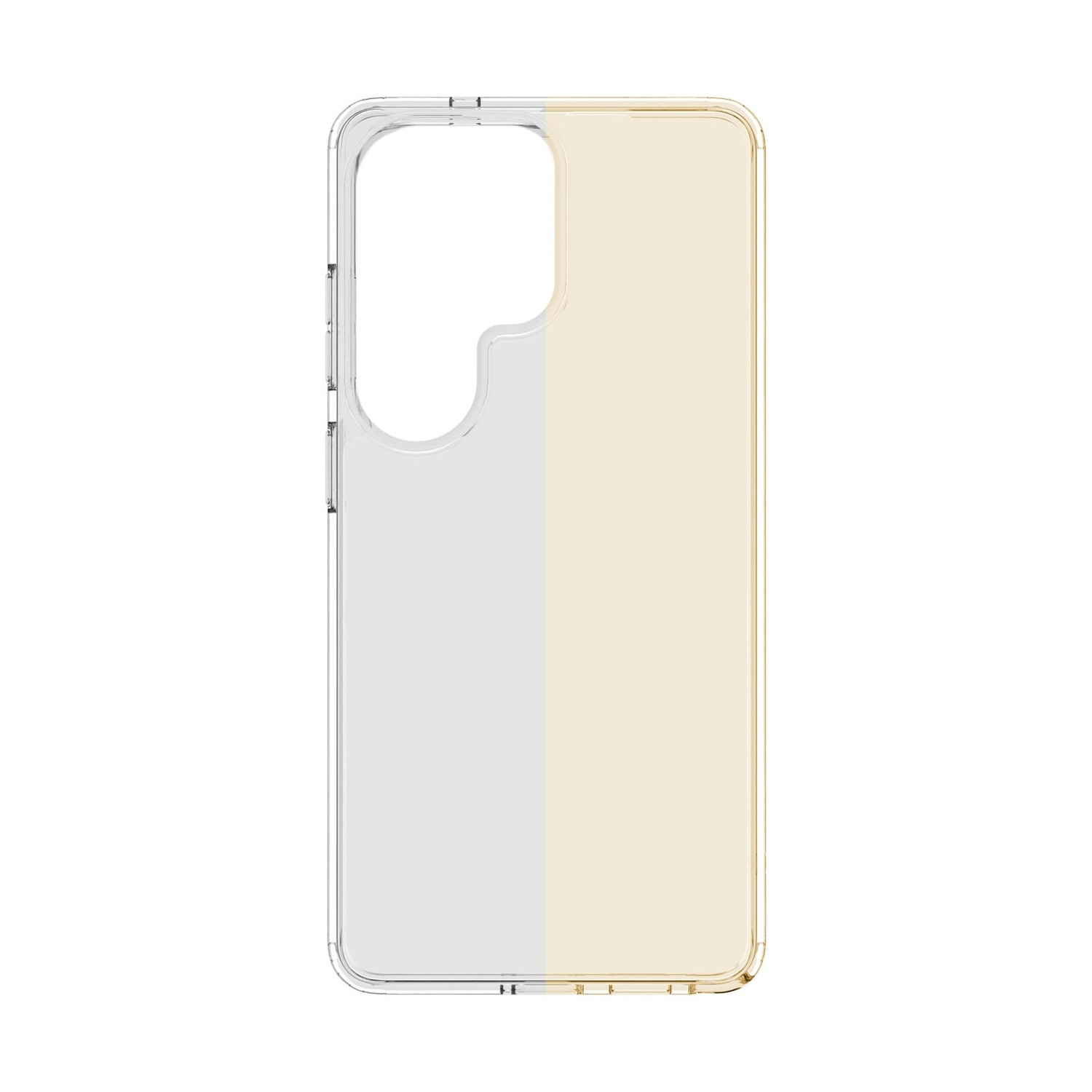 Custodia trasparente per telefono con sfondo bicolore, bianco e giallo.