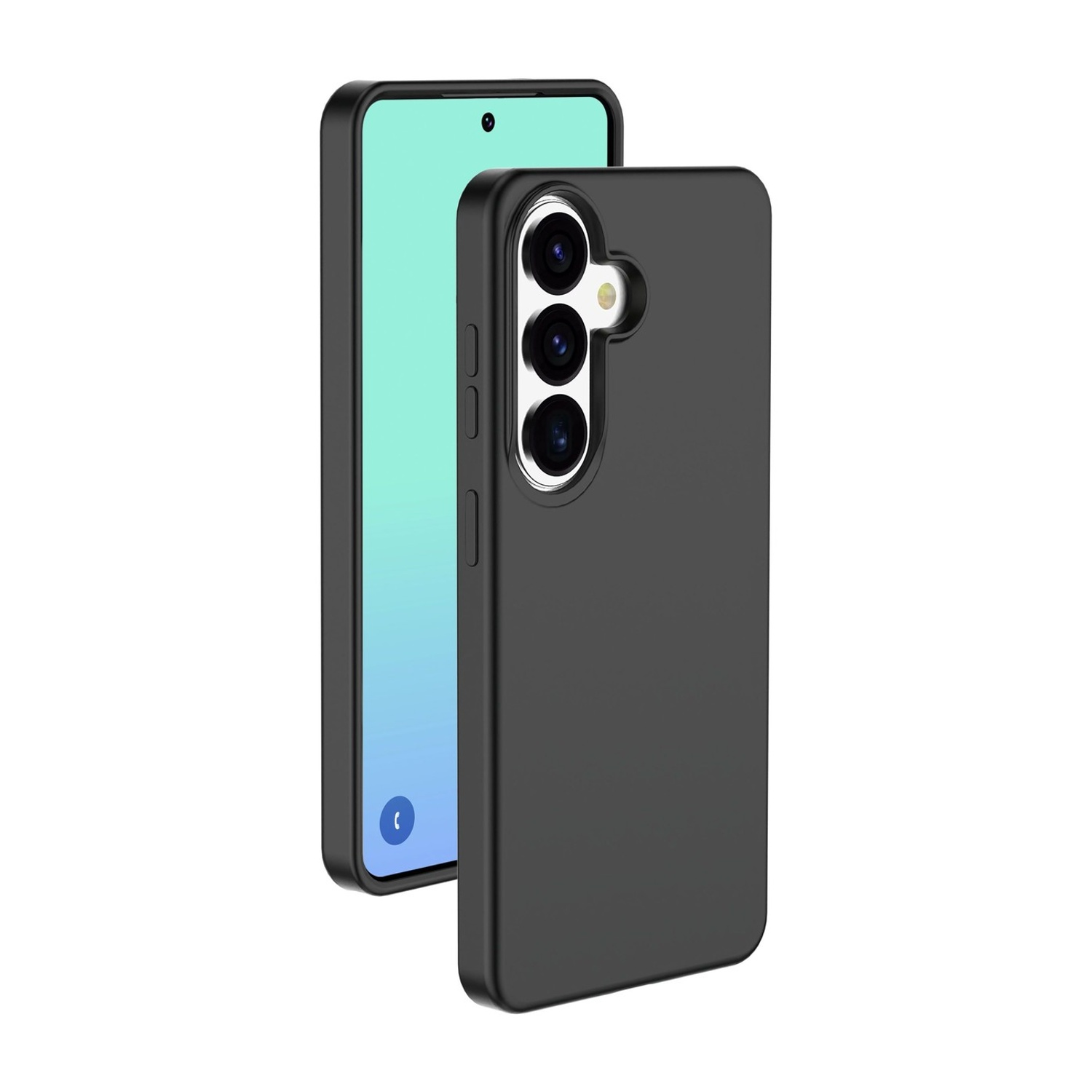 Uno smartphone nero in una custodia, con tre fotocamere sul retro.