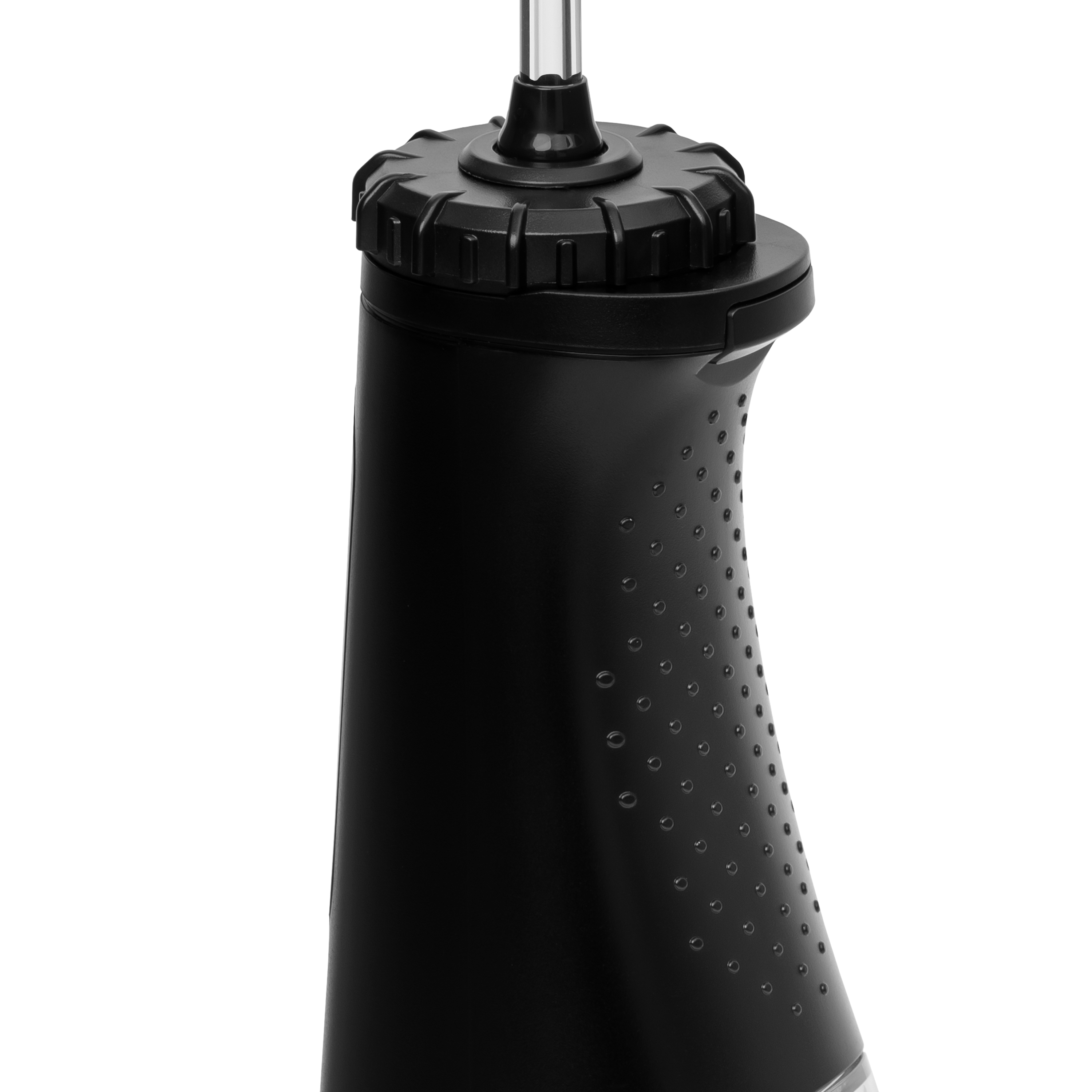 Czarny uchwyt z teksturowanym chwytem i metalowym prętem.