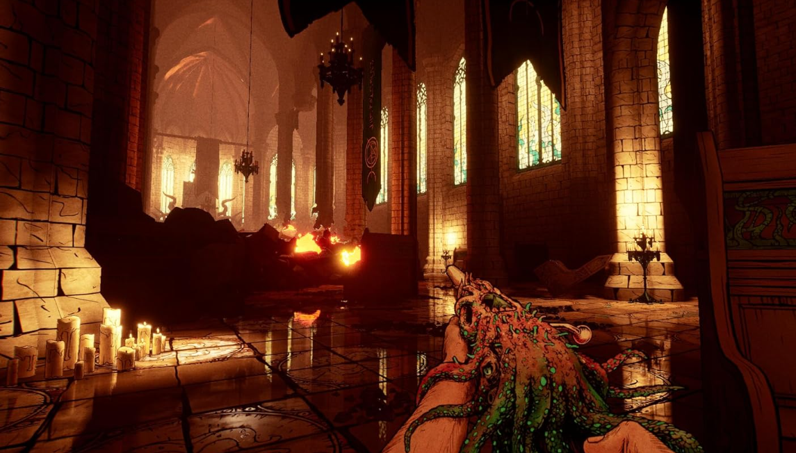 Ein okkultes Gewehr in einer brennenden Kathedrale mit Buntglasfenstern.