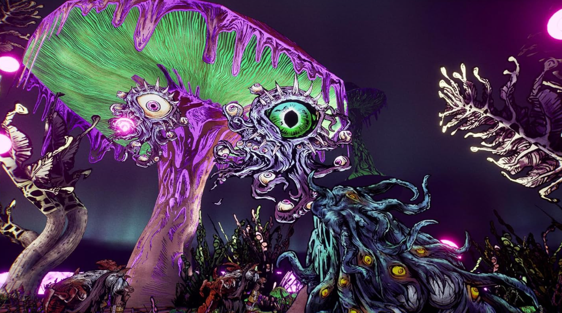 Surreale lila Pilze mit Augen und tentakelartigen Wesen im neonfarbenen Licht.