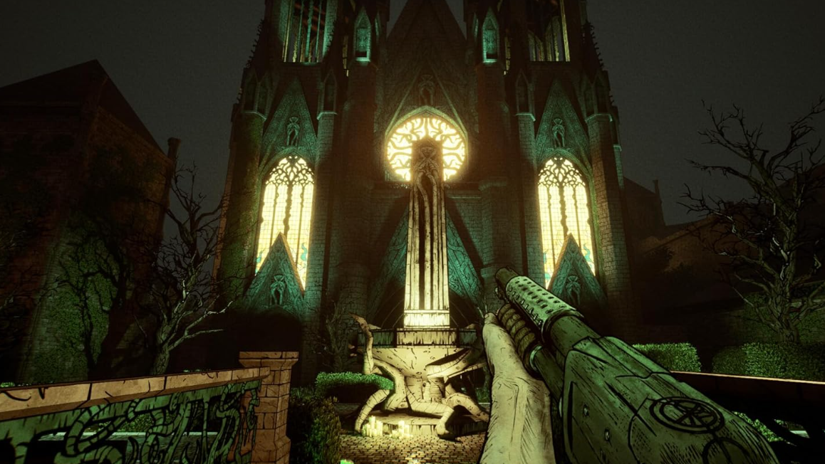 Eine grüne Waffe zielt auf eine dunkle, gotische Kirche mit beleuchteten Fenstern.