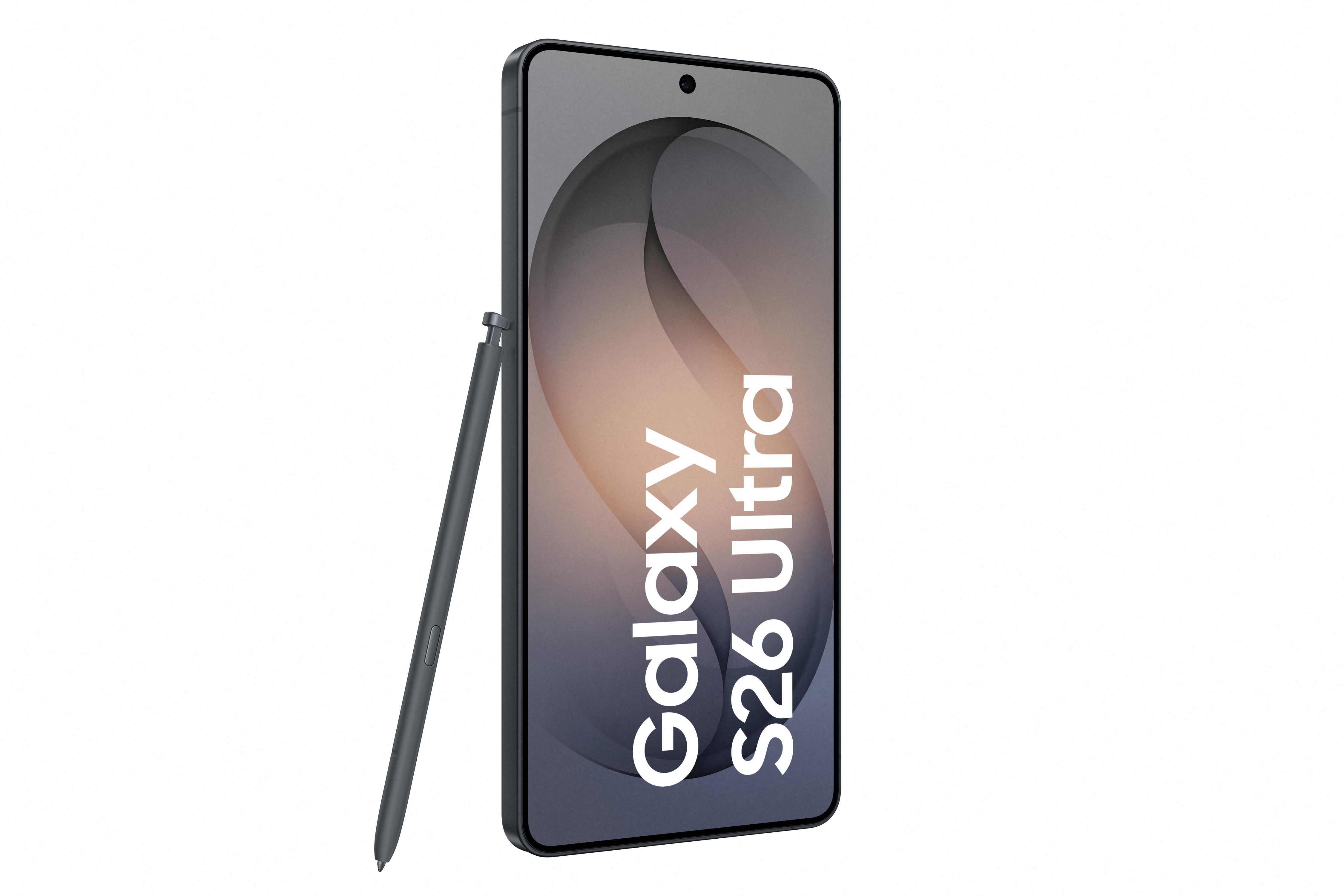 Dunkelgraues Smartphone mit Stift, mit "Galaxy S26 Ultra" Schriftzug.
