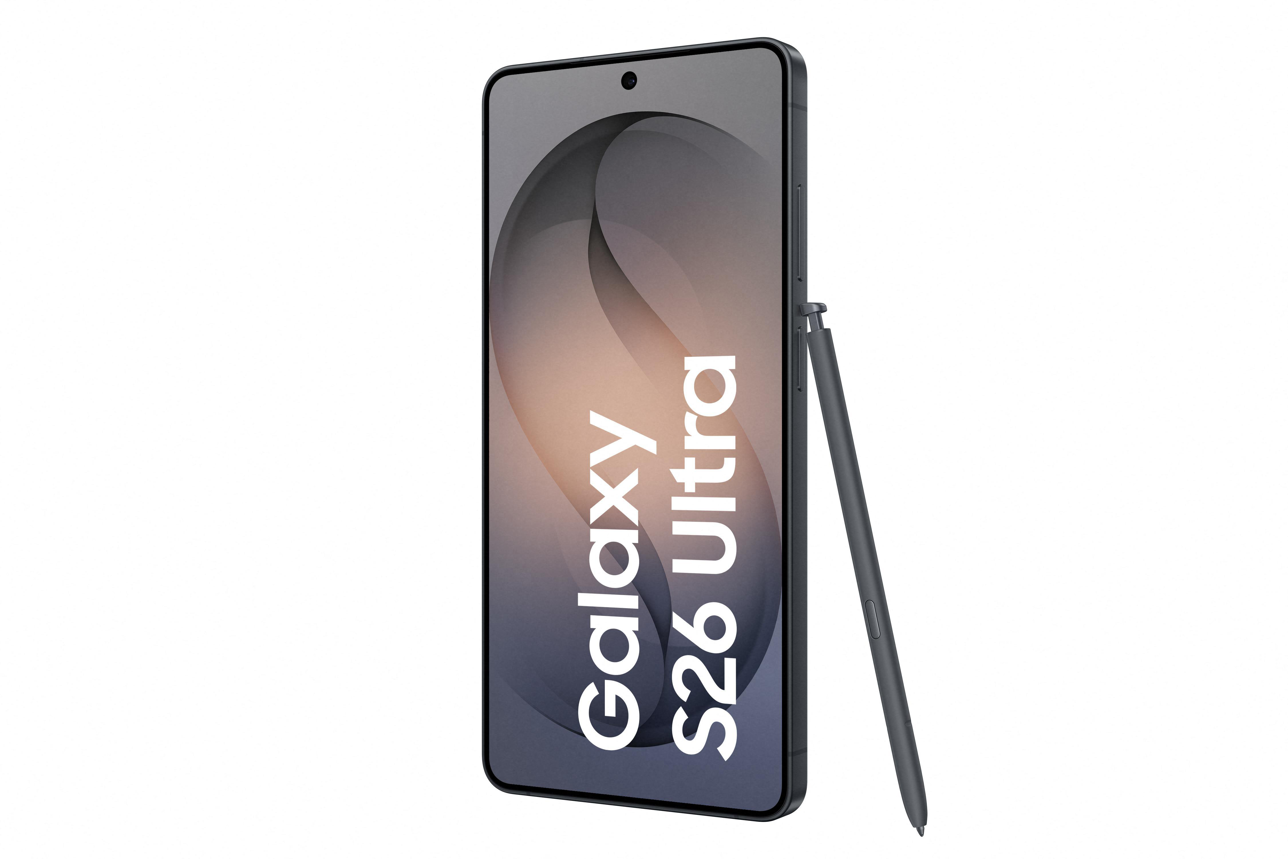 Ein dunkles Smartphone mit Stift, das aufrecht steht. 'Galaxy S26 Ultra' ist auf dem Bildschirm.