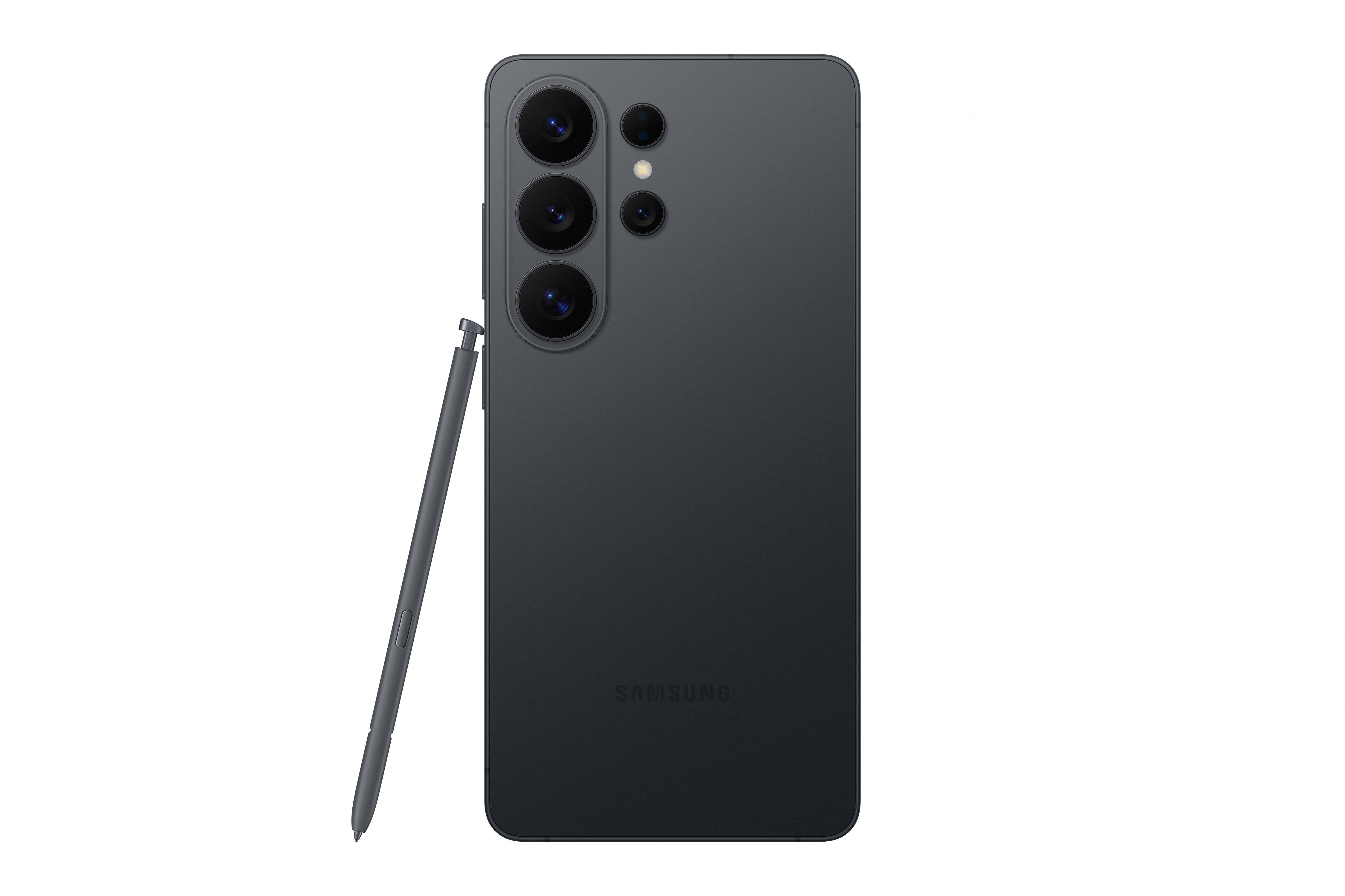 Dunkelgraues Samsung Handy mit Stift und vier Kameralinsen auf weißem Hintergrund.
