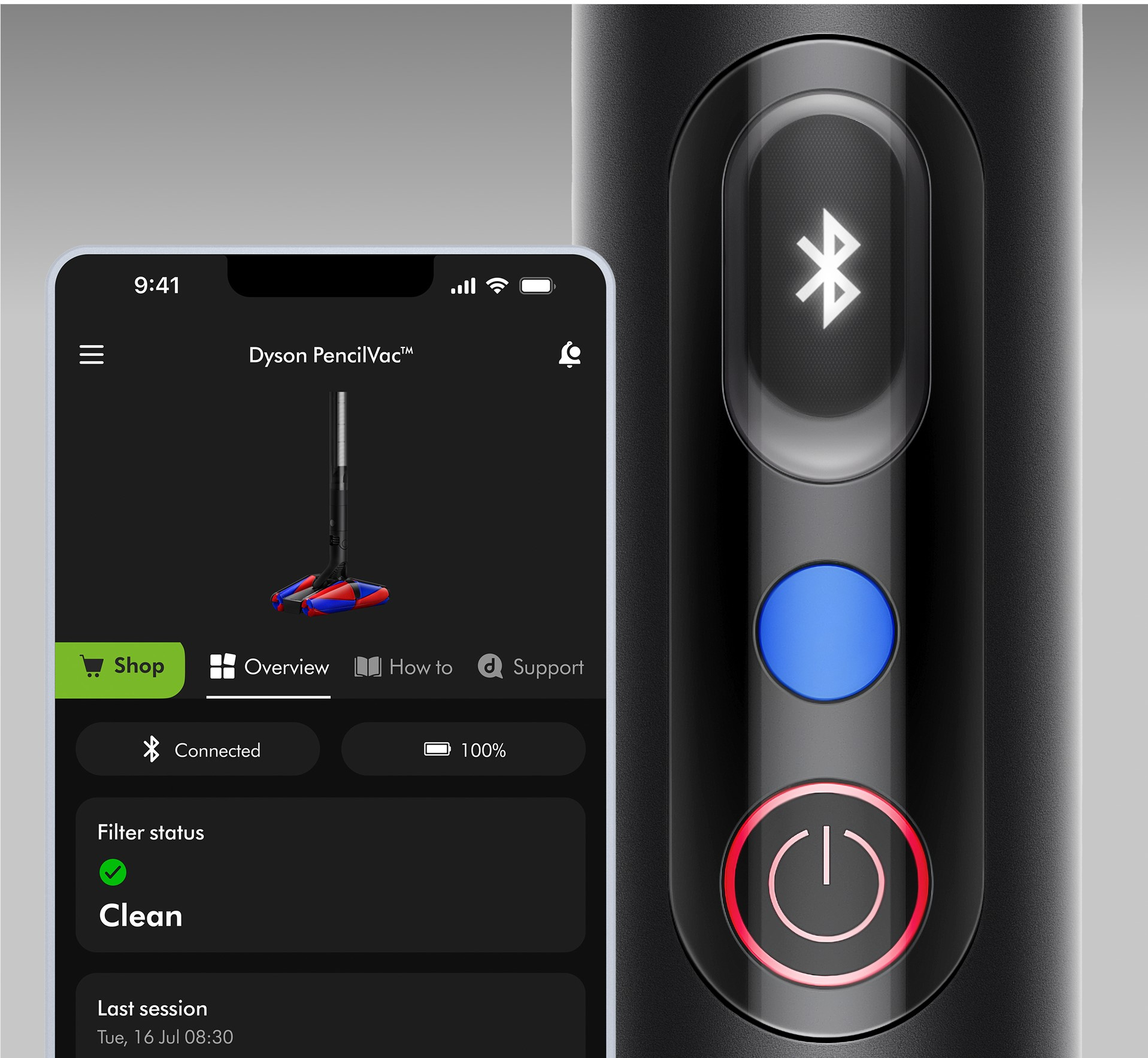 El smartphone muestra la app Dyson con aspiradora y controles. Primer plano.