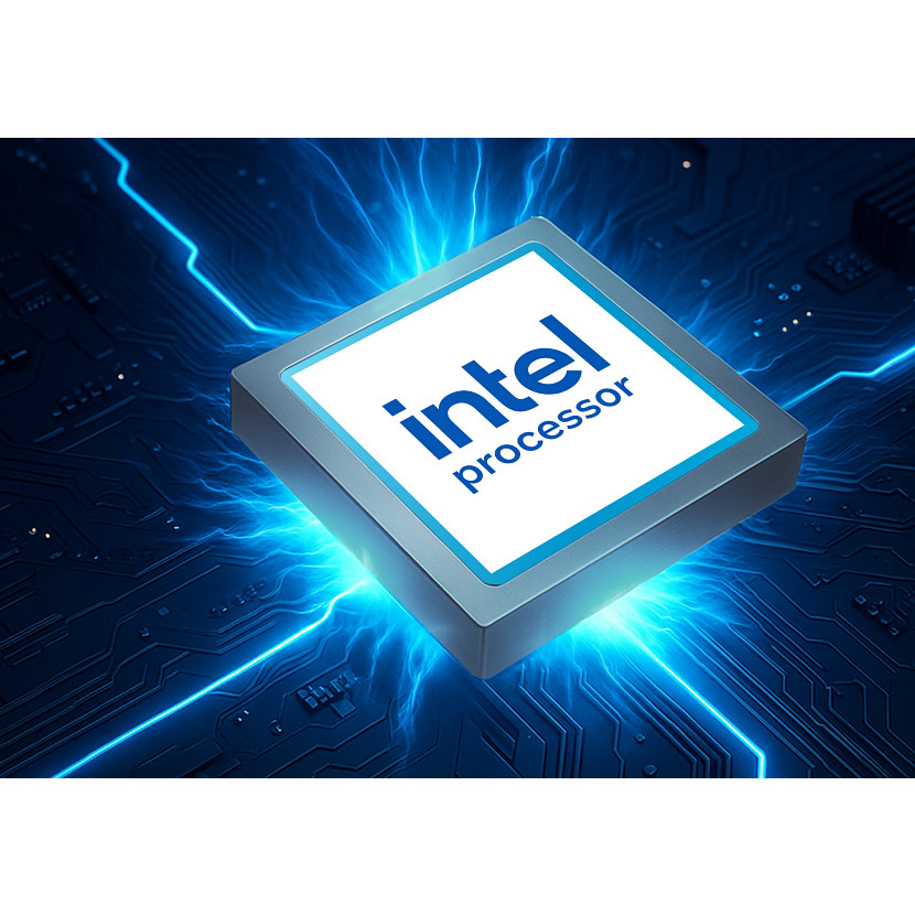 Intel-Prozessor auf einer Leiterplatte mit blauen Lichteffekten.
