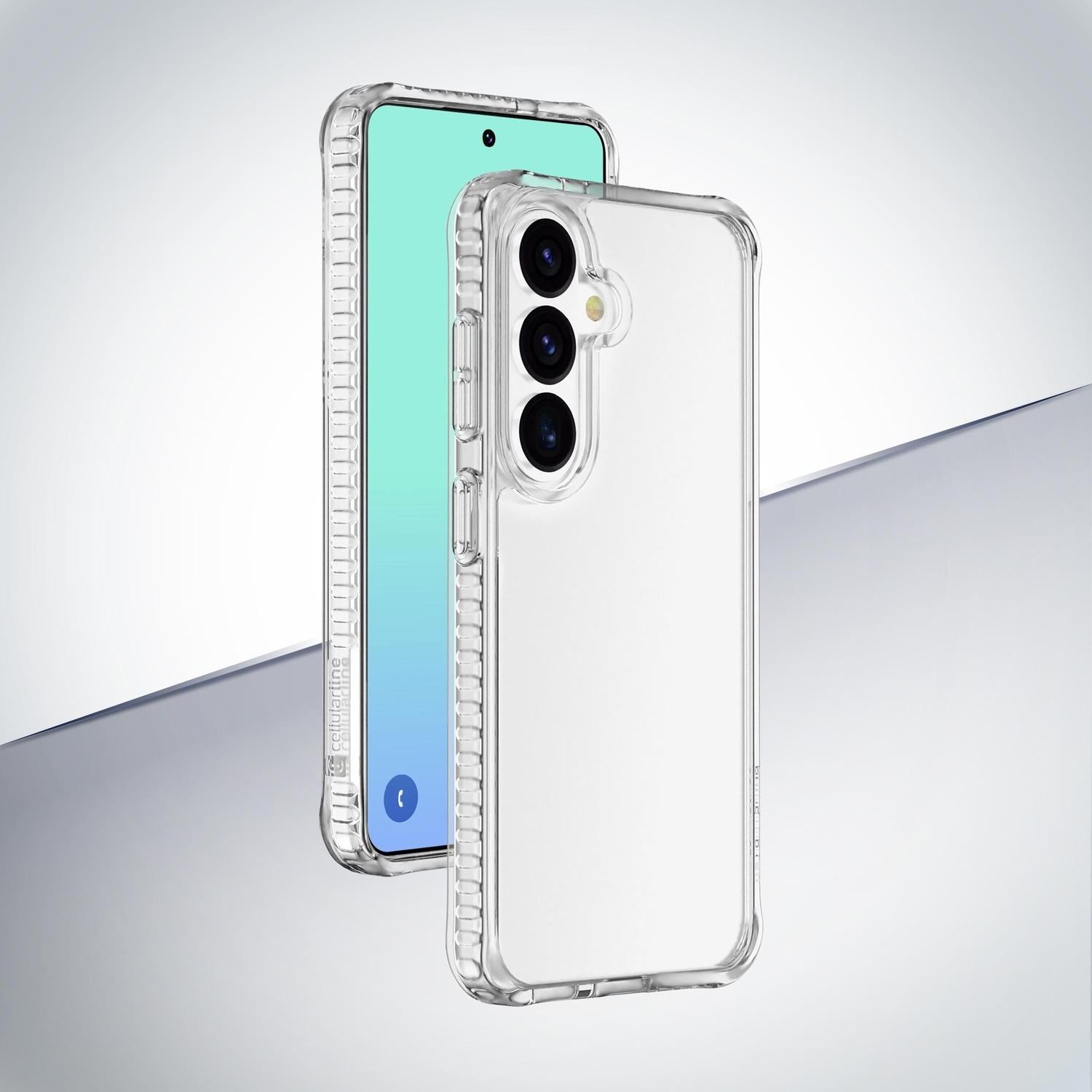 Un telefono trasparente con tre fotocamere in una custodia.