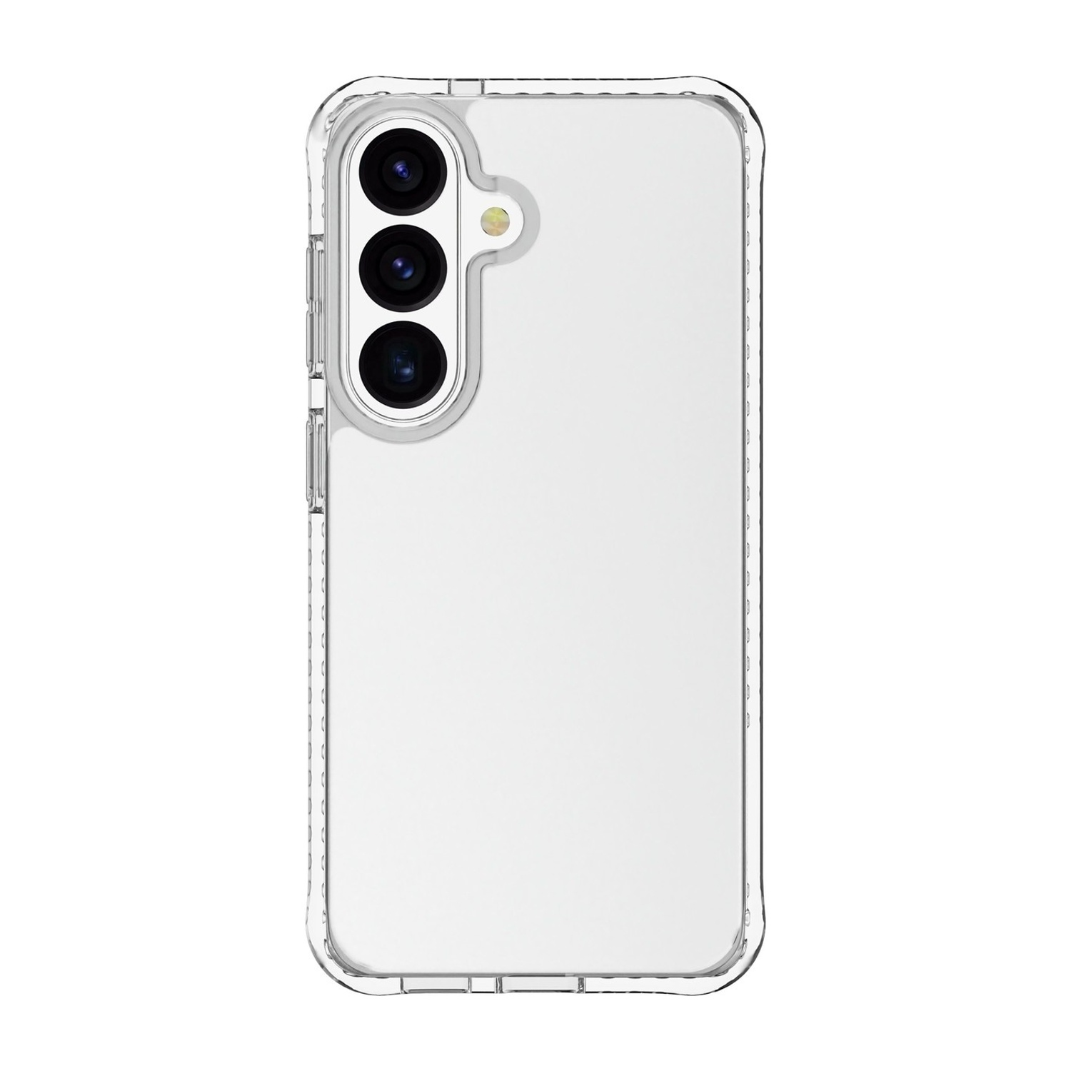 Custodia trasparente per telefono con tre lenti e flash sul retro.