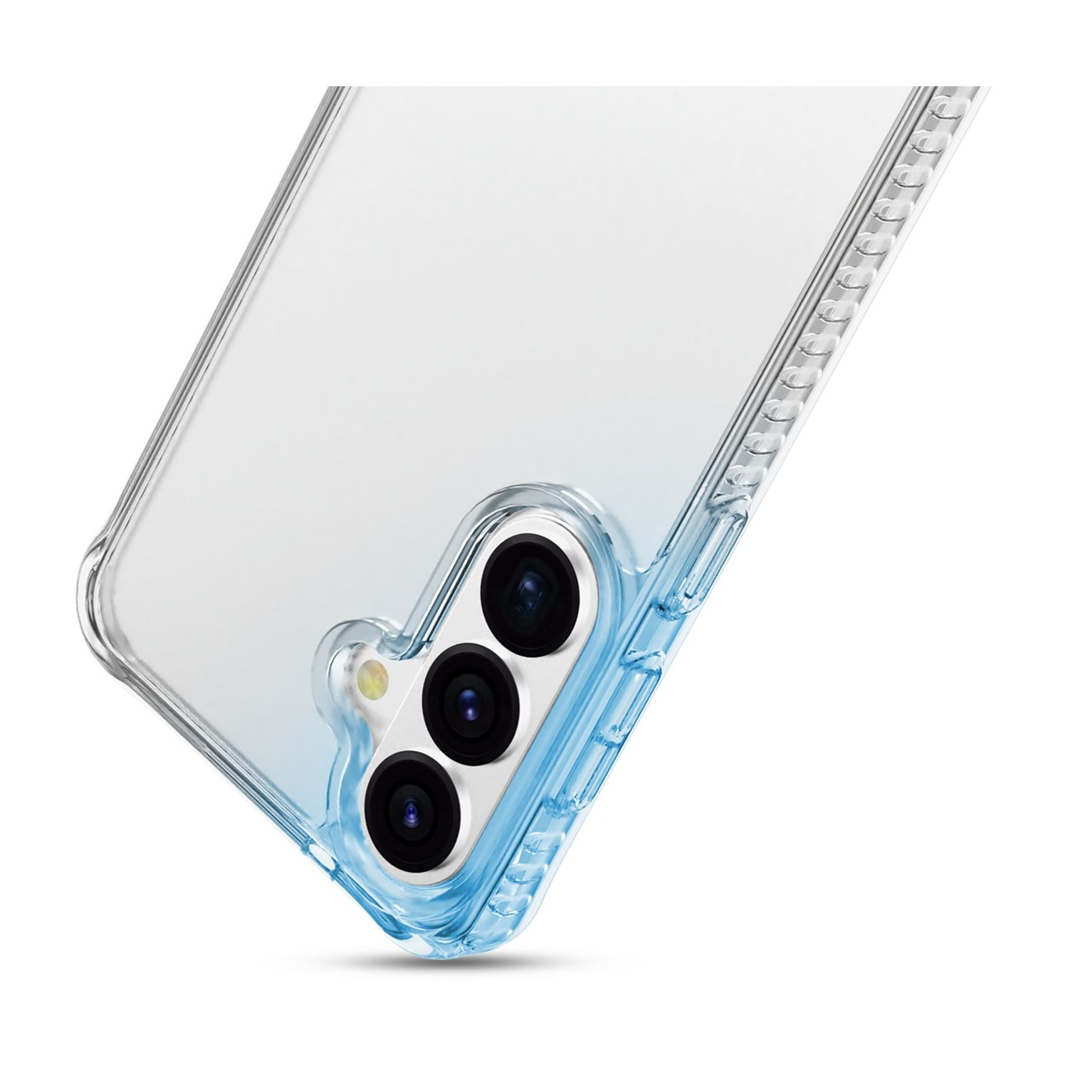 Custodia trasparente per telefono con accenti blu, mostra tre obiettivi della fotocamera.