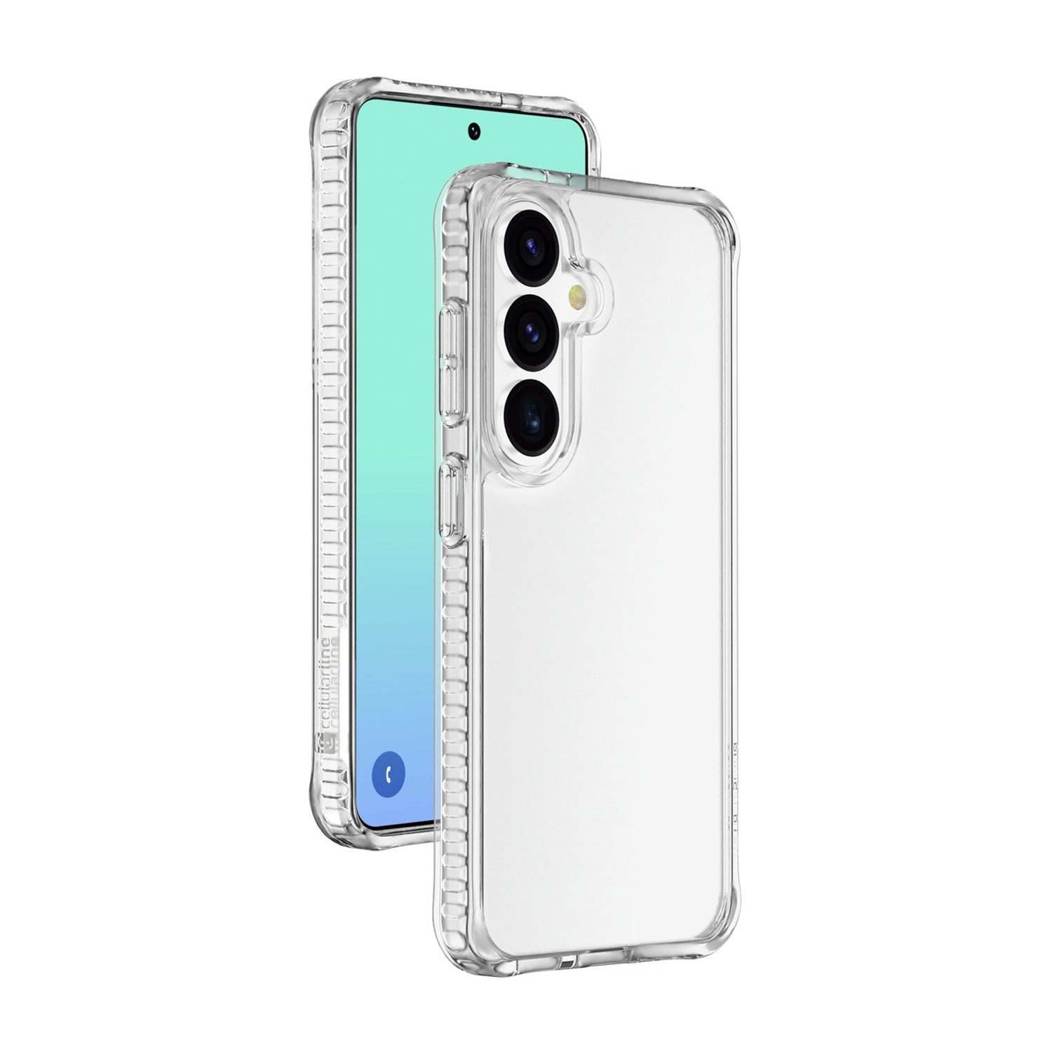 Una custodia trasparente per telefono con tre fotocamere su sfondo bianco.
