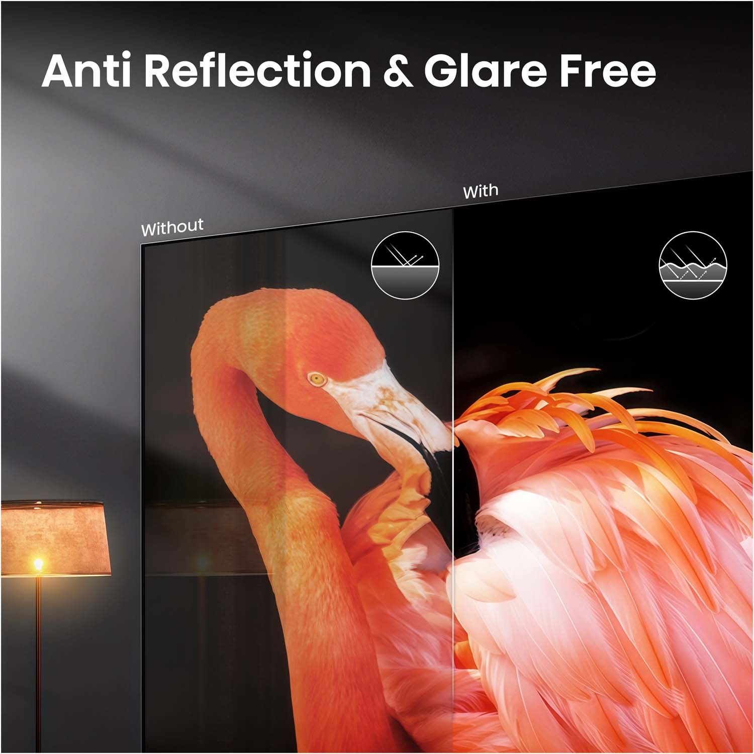 Due fenicotteri a confronto: uno con riflessi, uno senza. "Anti Reflection".