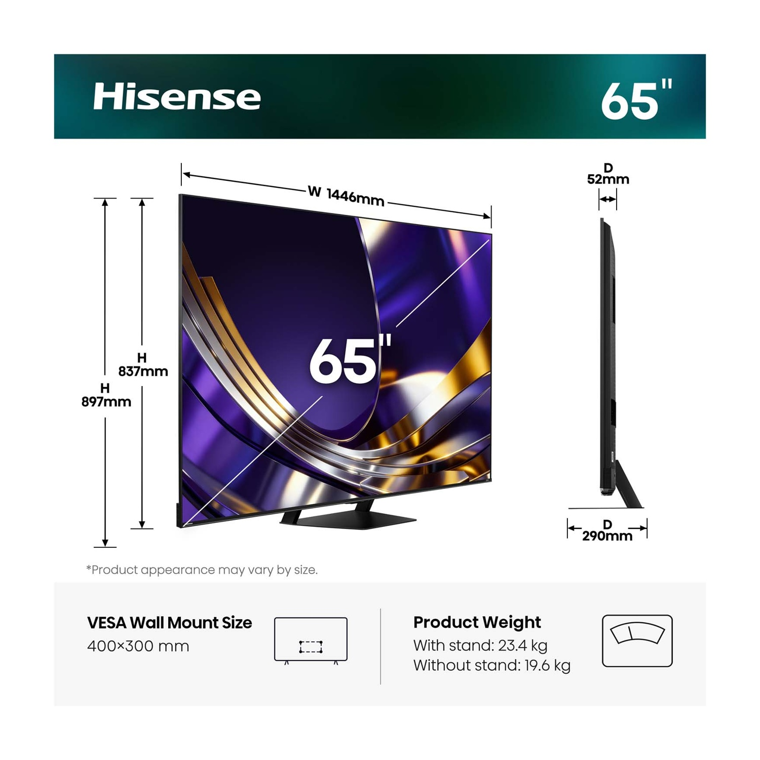 Specifiche TV Hisense 65": L 1446mm, A 837mm/897mm, P 52mm/290mm. VESA 400x300.