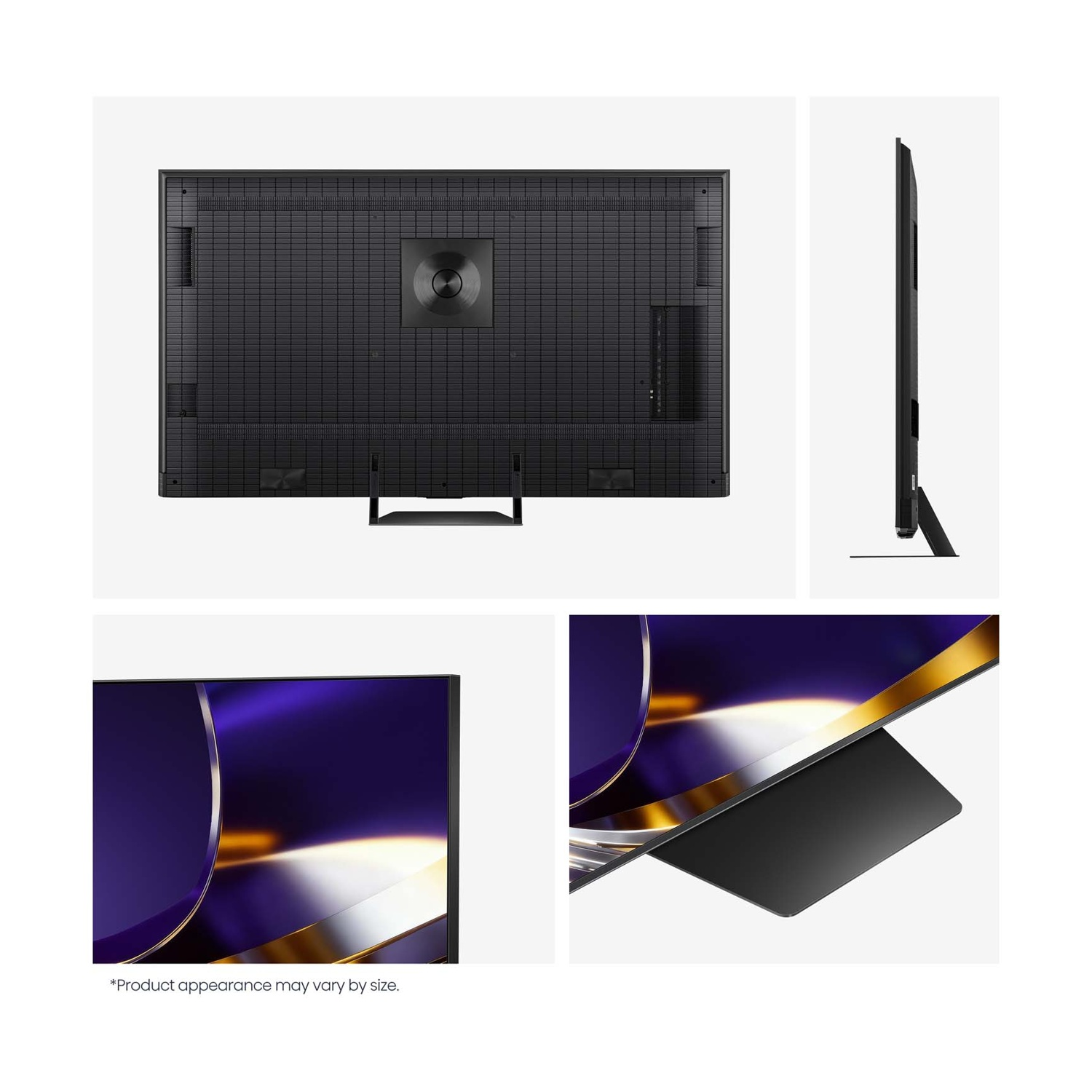 Vista posteriore e laterale di una TV nera con supporto e primi piani dettagliati dello schermo.