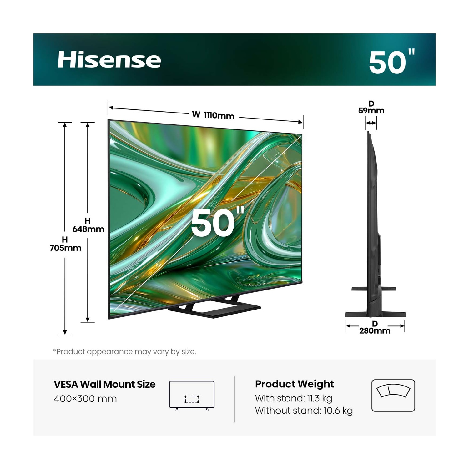 TV Hisense da 50 pollici con dimensioni e peso. VESA 400x300mm.