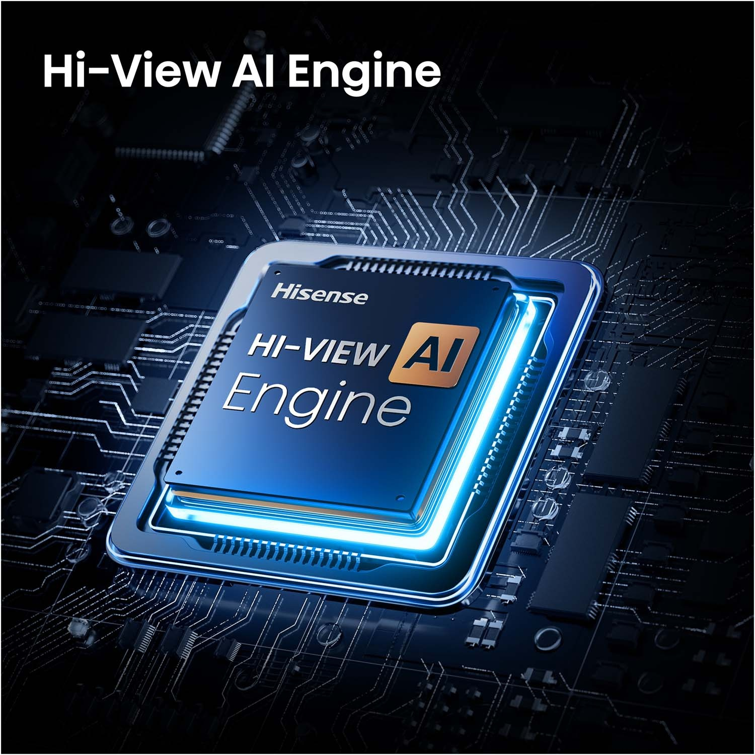 Un chip blu etichettato "Hi-View AI Engine" su un circuito stampato.